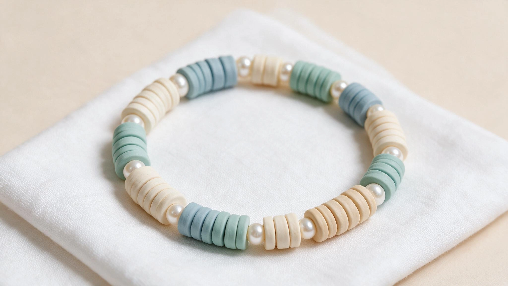 A stylish bracelet made of wooden beads with a prominent coastal pearl, highlighting a blend of rustic and refined elements.
