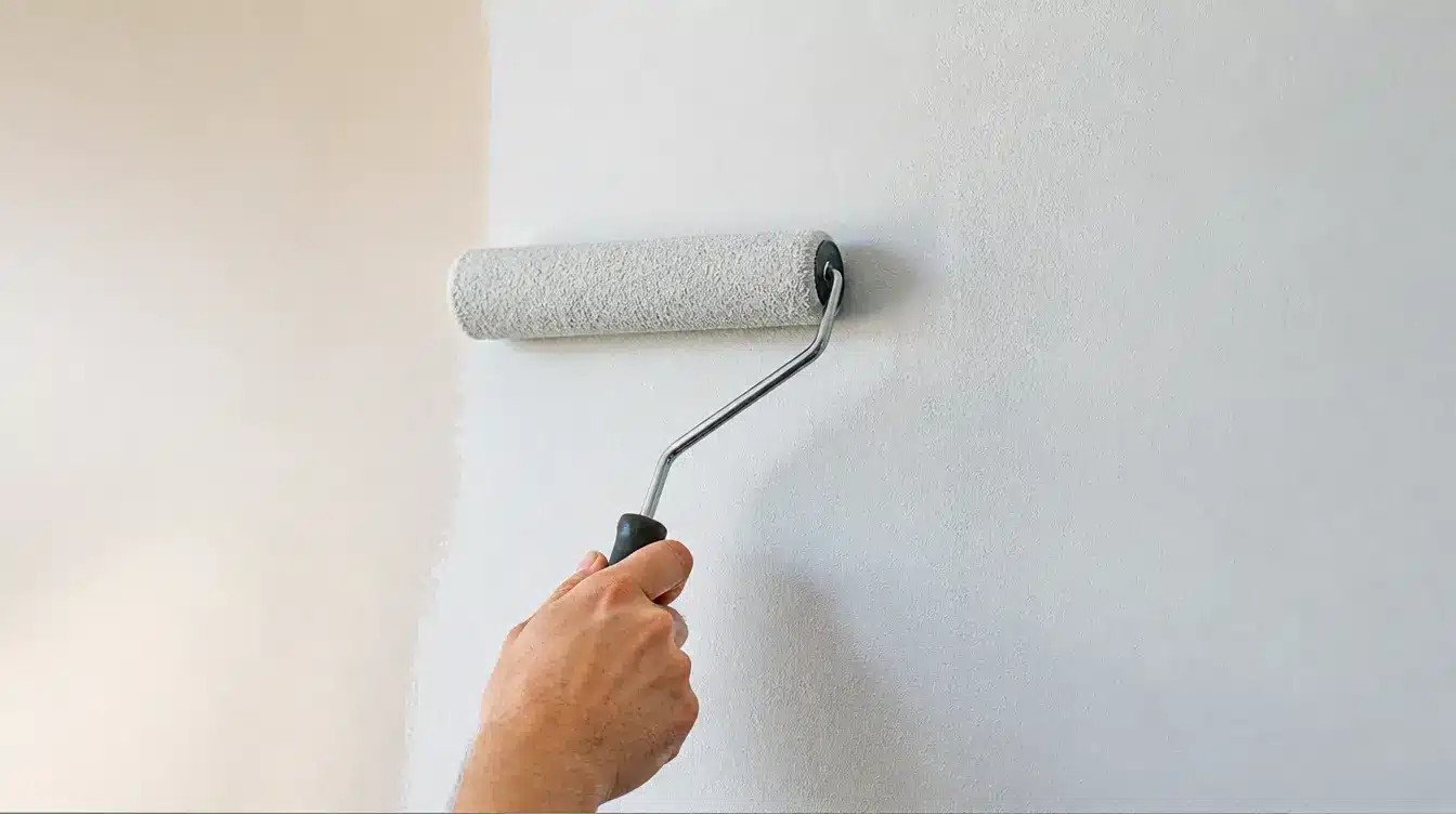 Person using a paint roller to apply a fresh coat of white paint to an interior wall
