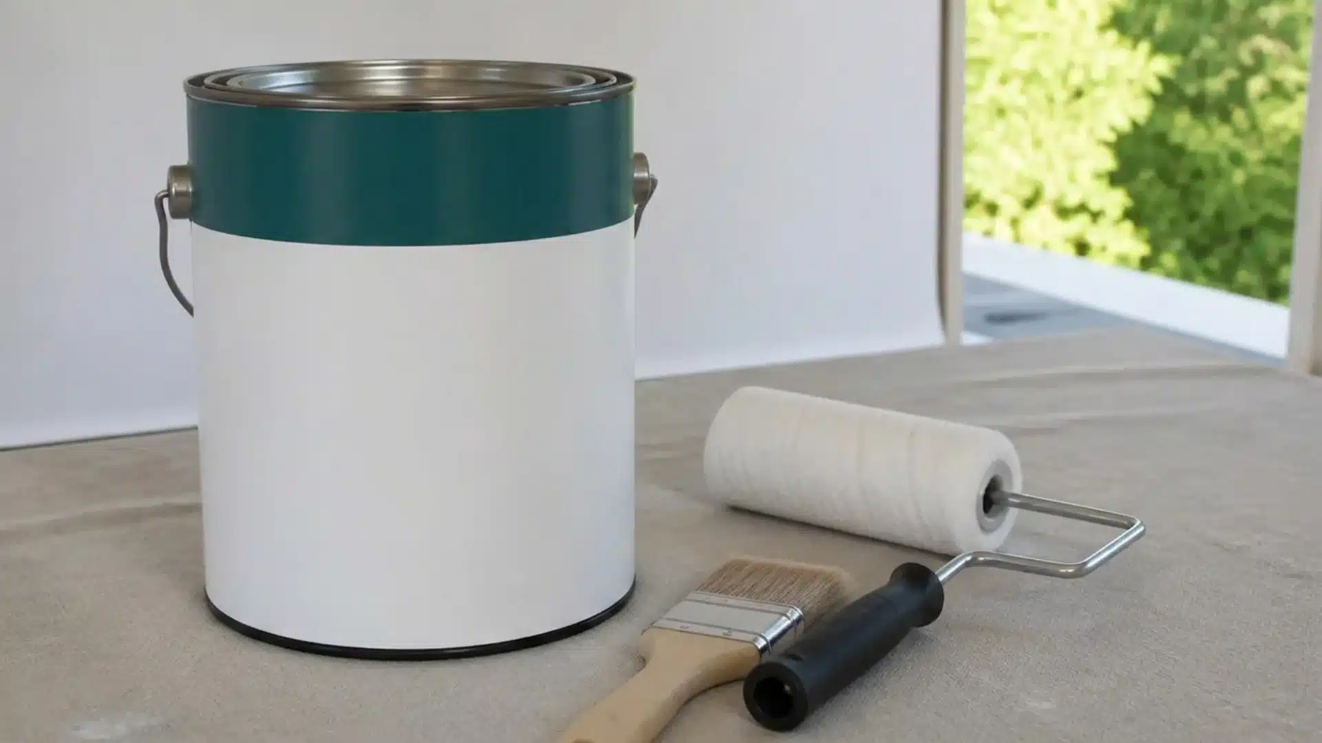 A gallon paint can with a paint roller and brush on a work surface, illustrating the tools and materials commonly used for a painting project