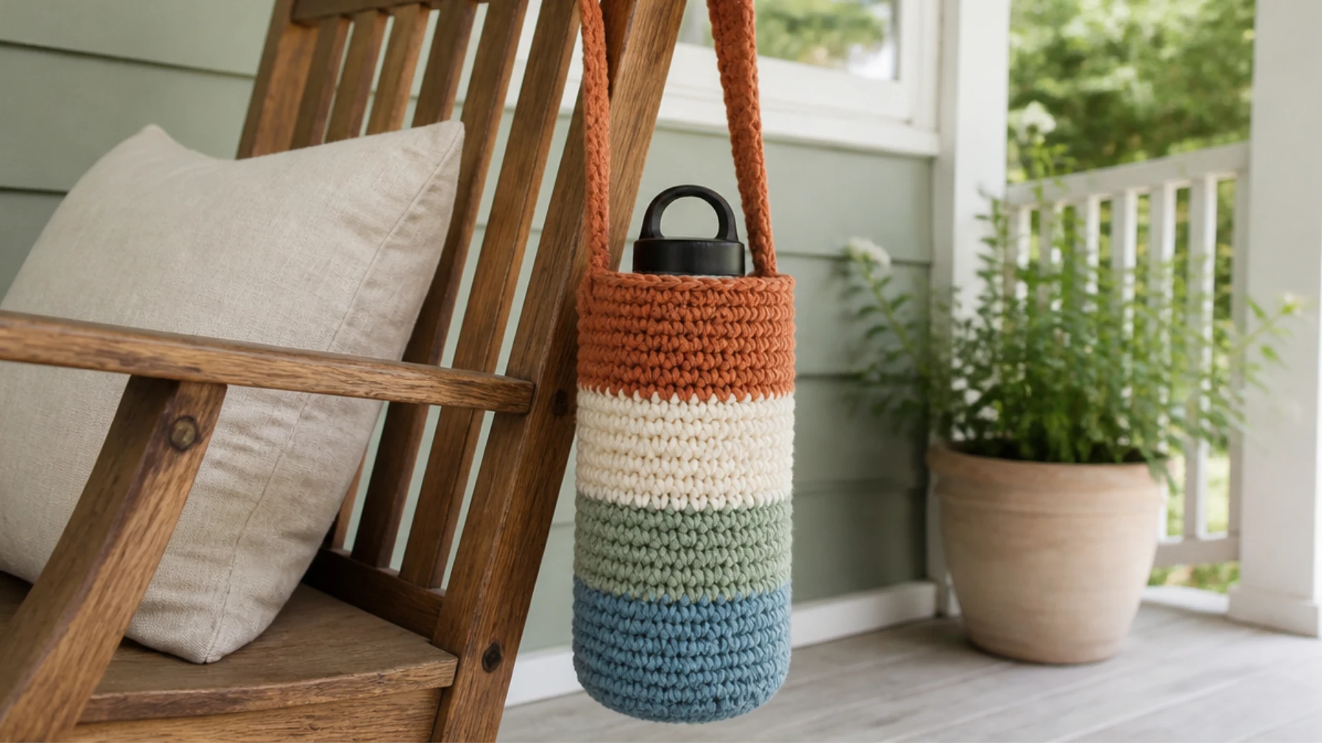 Color block <echighlighted><echighlighted>crochet water bottle holder</echighlighted></echighlighted> in rust cream green and blue hanging from a wooden porch chair