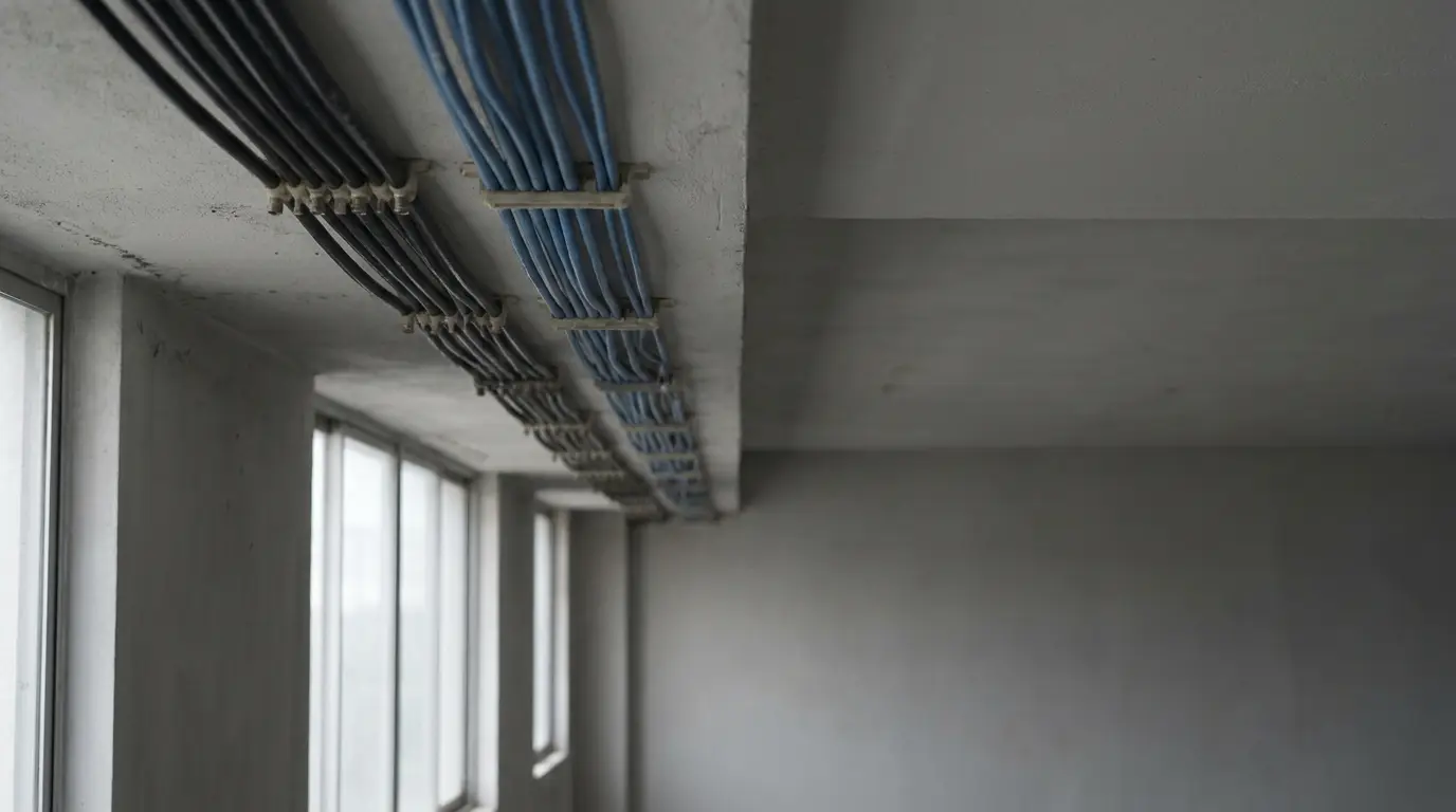 Blue electrical cables running along a ceiling of an unfinished room with large windows
