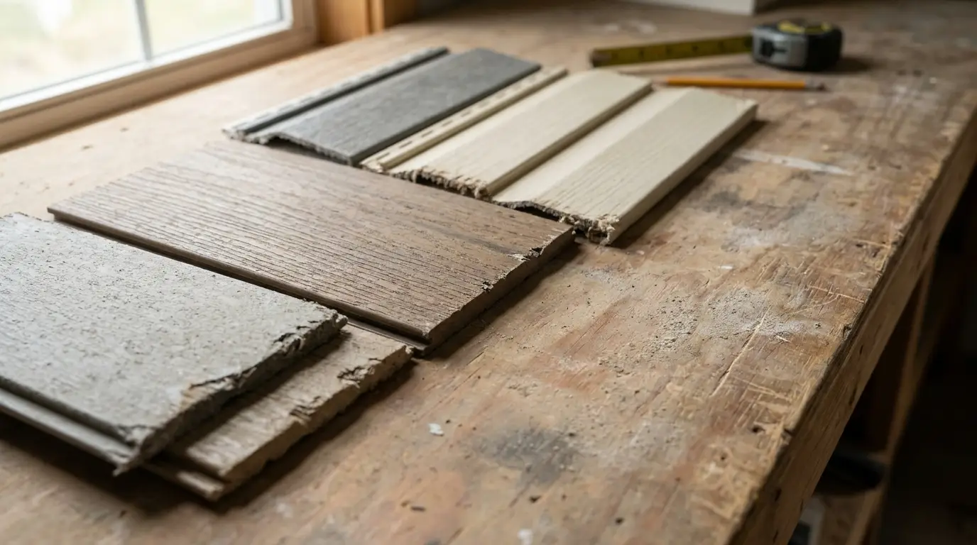 Wooden siding samples on a rustic workbench with measuring tape and pencil nearby