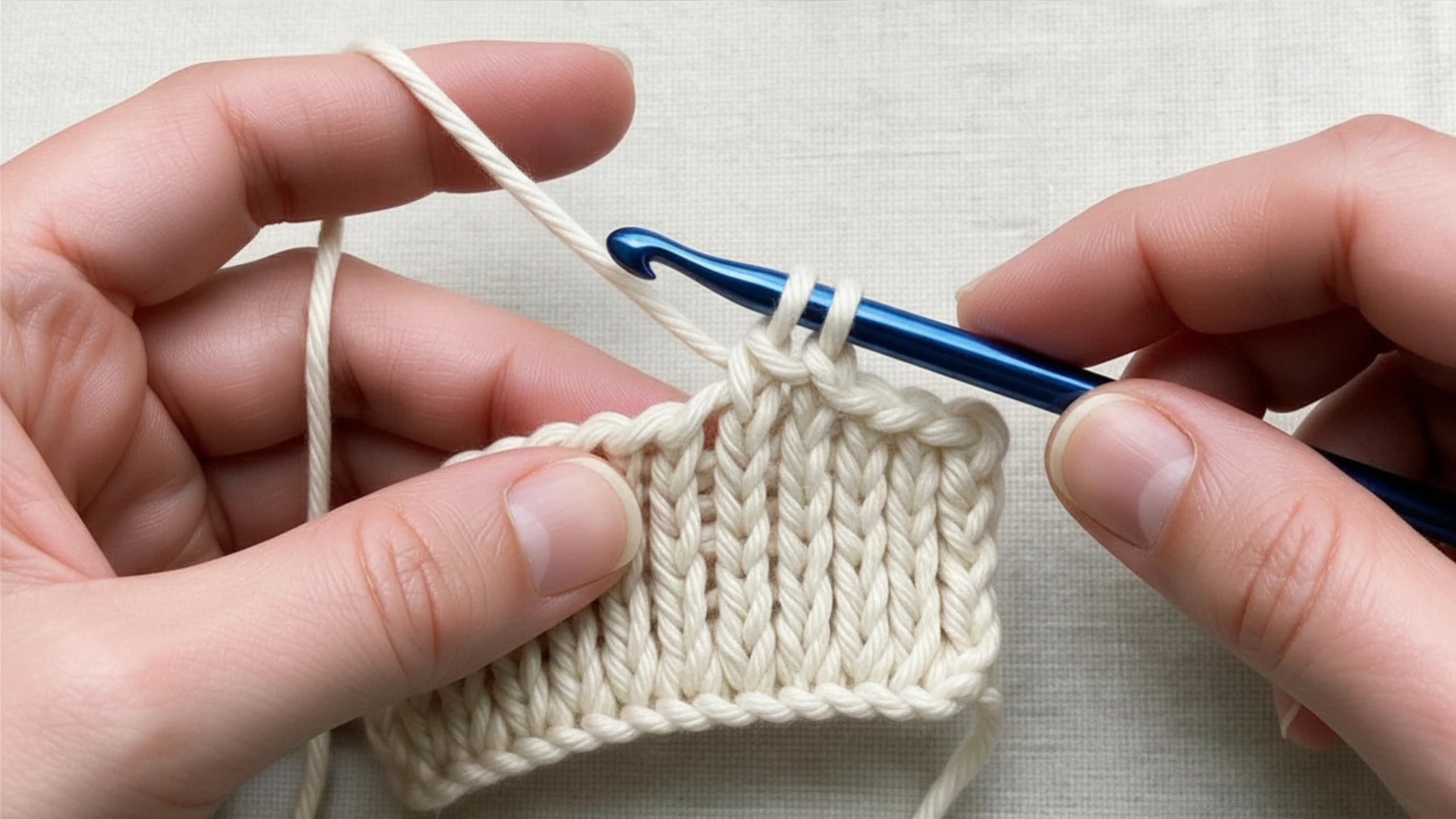 A person knitting with a blue crochet hook, completeing the return pass.