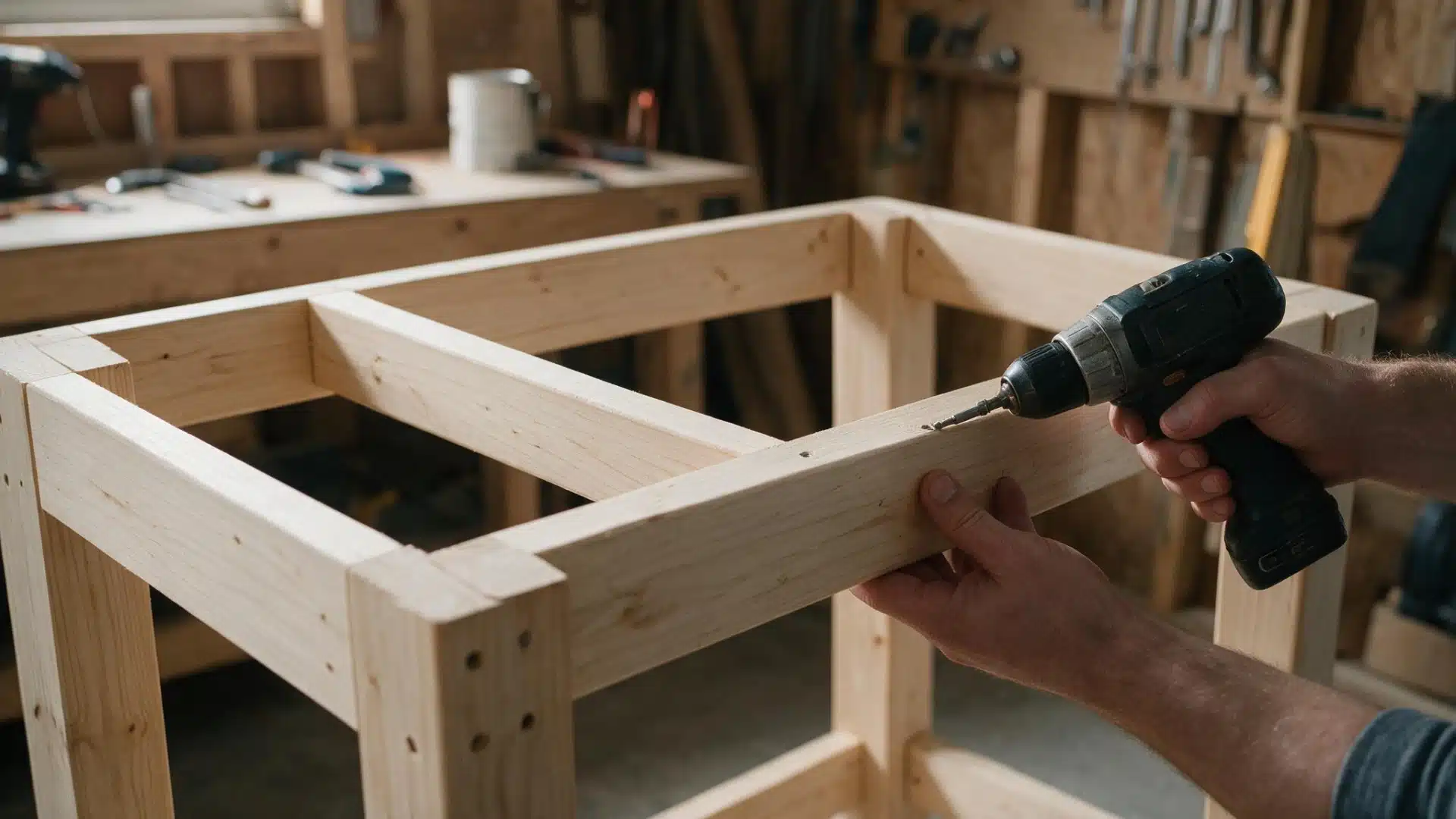 Hands using a cordless drill to connect wooden workbench leg frames with long support rails.