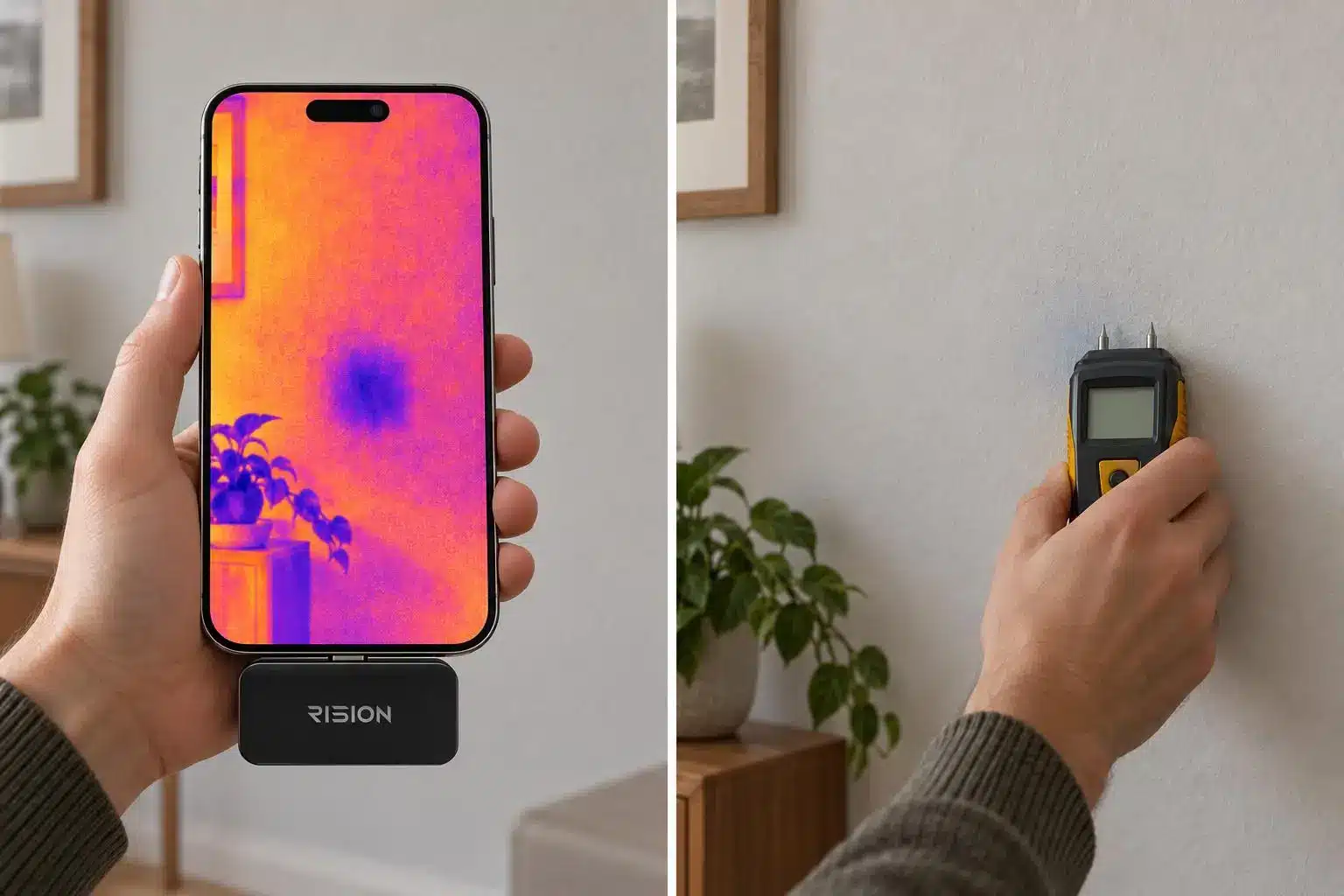 Hand holding infrared thermometer detecting moisture on living room wall