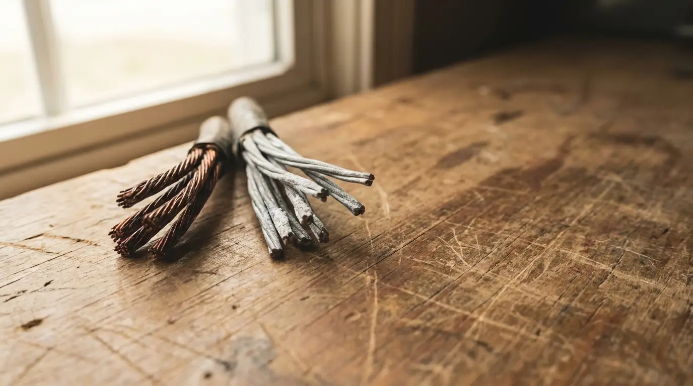 Copper and aluminum wires coiled on a rustic wooden workbench near a window