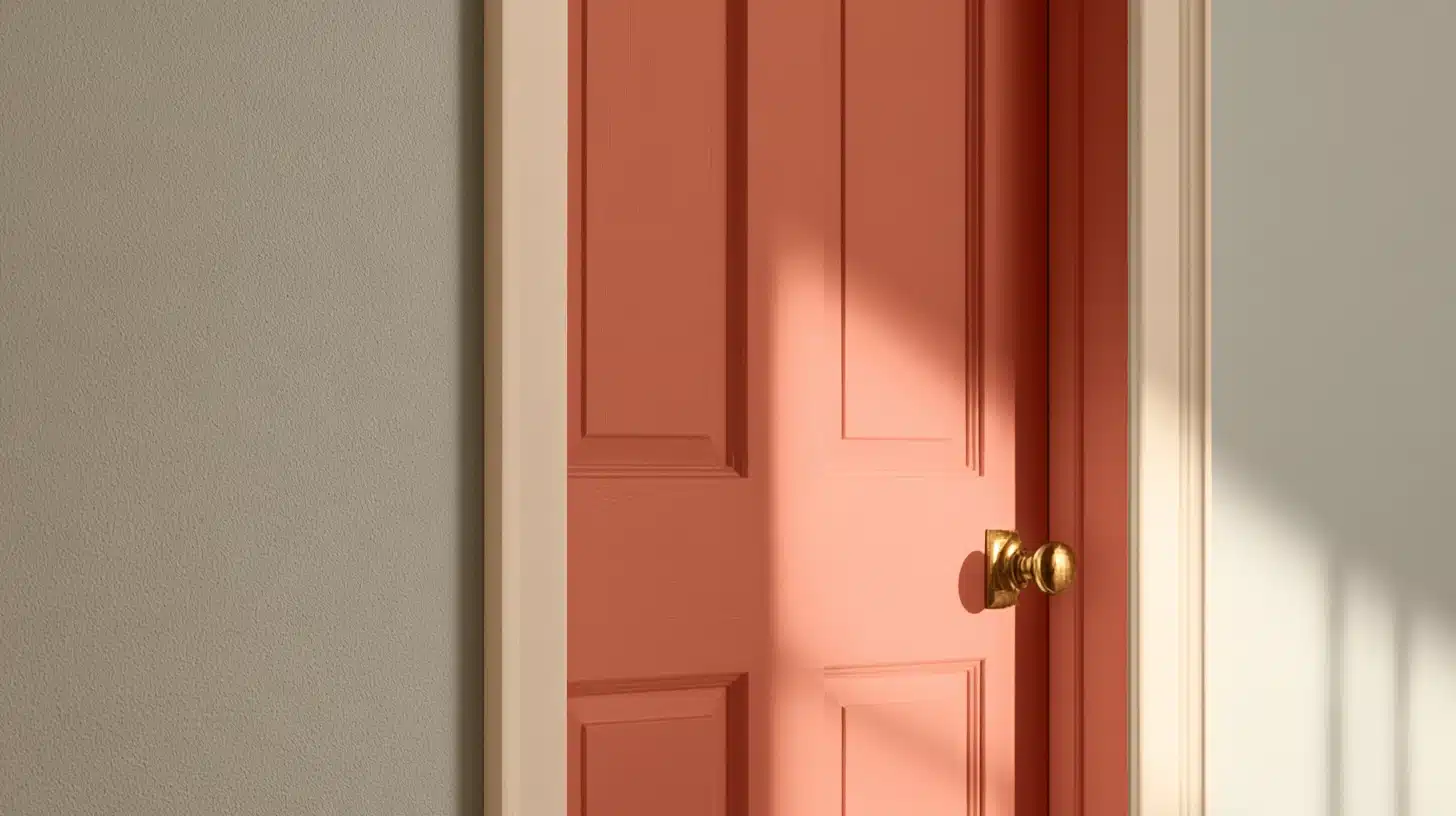 A coral-red paneled door with a brass knob stands partly open in a cream-colored doorway, with sunlight casting shadows on the walls.