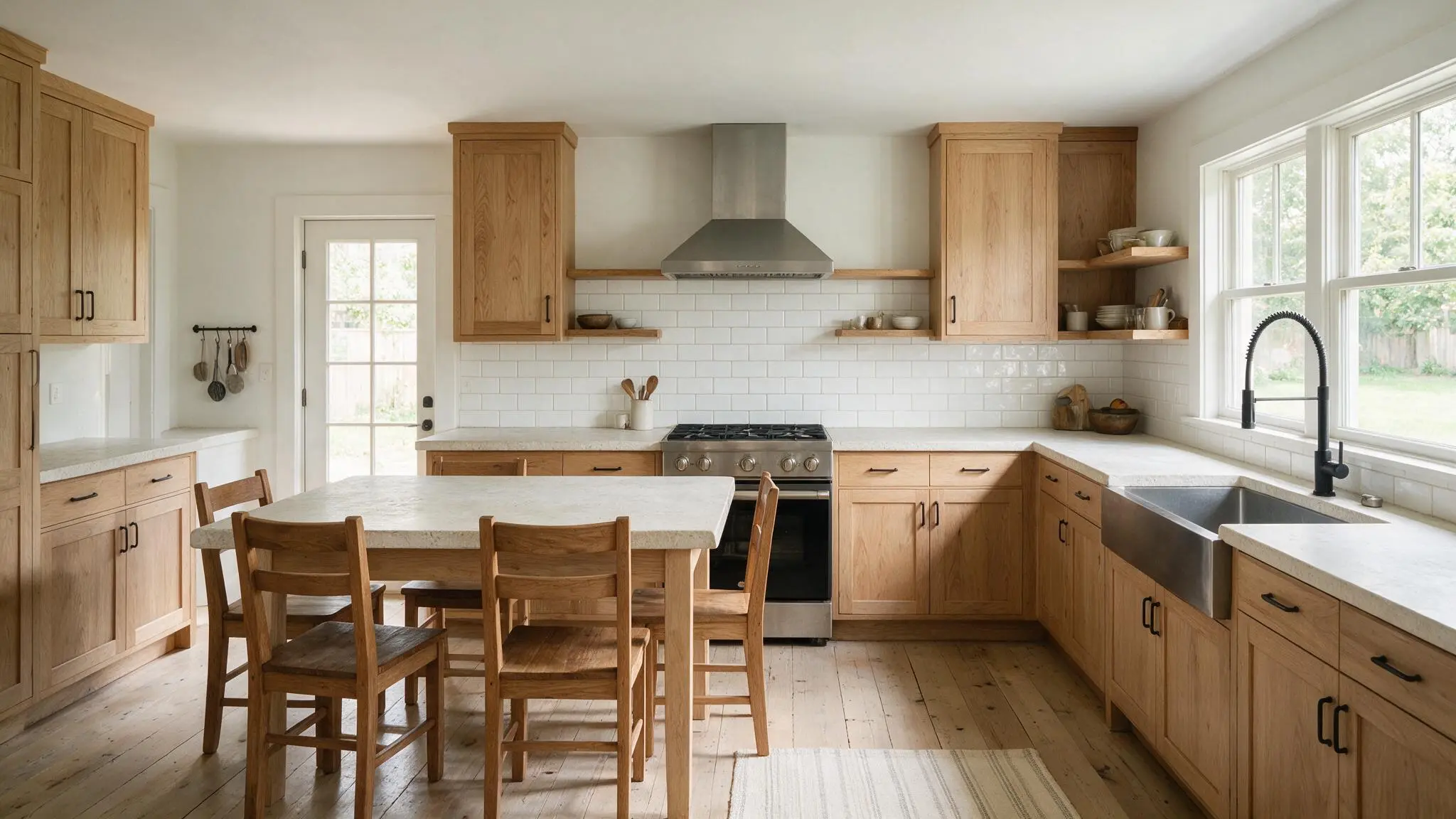 Bright kitchen with wooden cabinets white countertops and subway tile backsplash around modern appliances and fixtures.