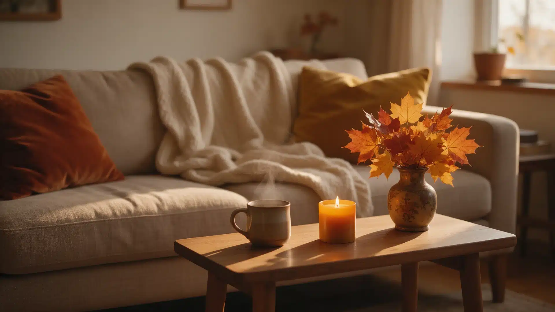 Cozy living room with a sofa, steaming mug, lit candle, and autumn leaves on the table.