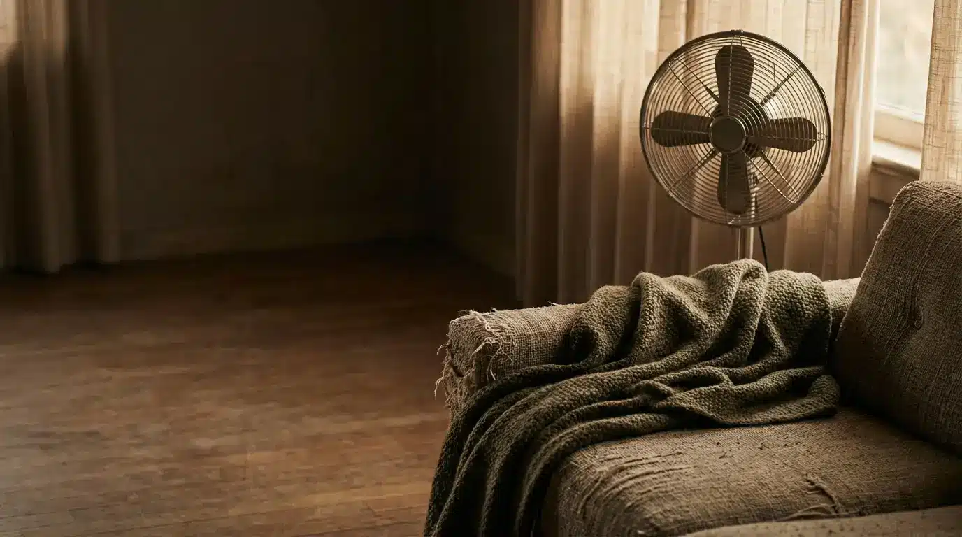 Vintage fan and blanket on rustic couch in dimly lit room