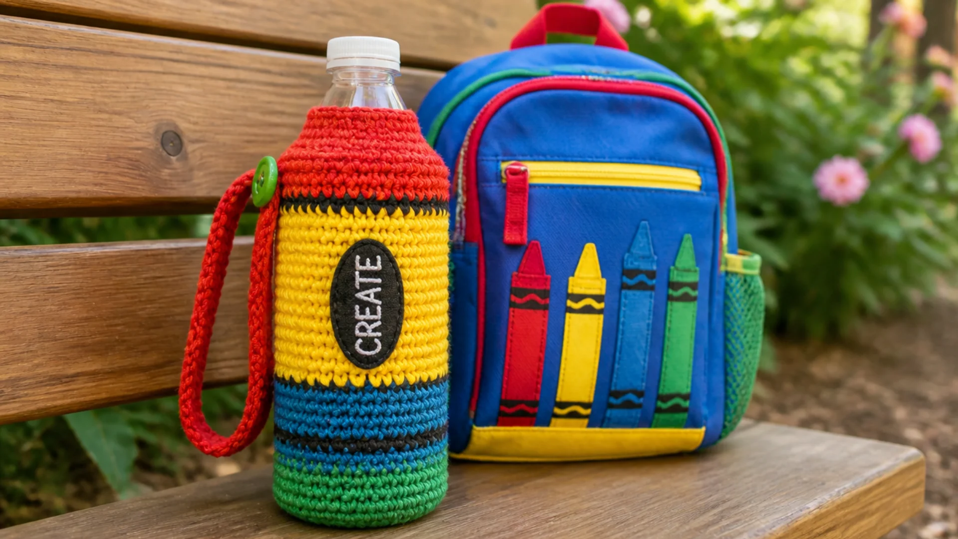 Colorful crayon inspired <echighlighted><echighlighted>crochet water bottle holder</echighlighted></echighlighted> beside a bright children’s backpack on a wooden bench