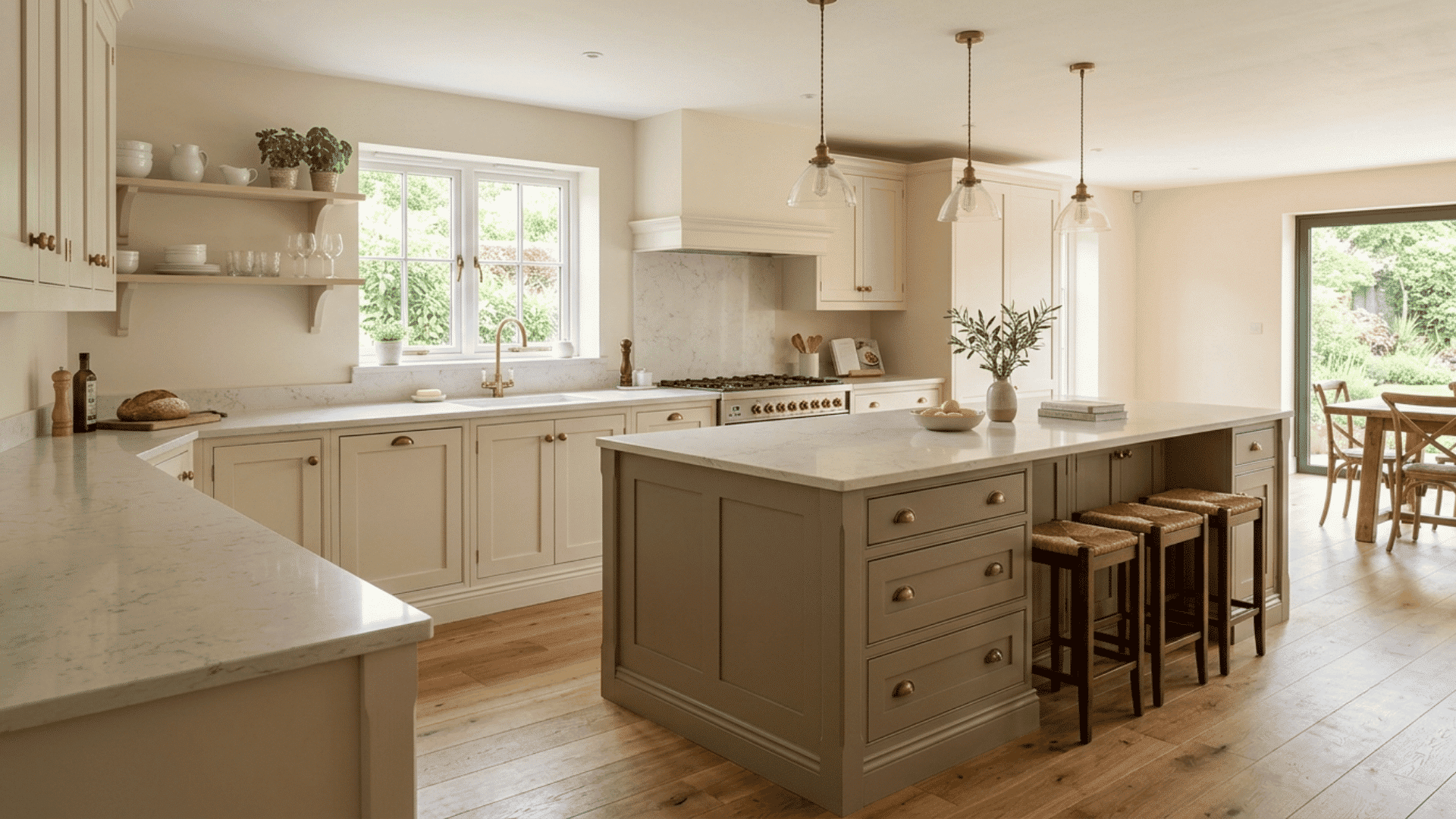 cream and taupe kitchen with large island, marble counters, brass lights, and oak flooring