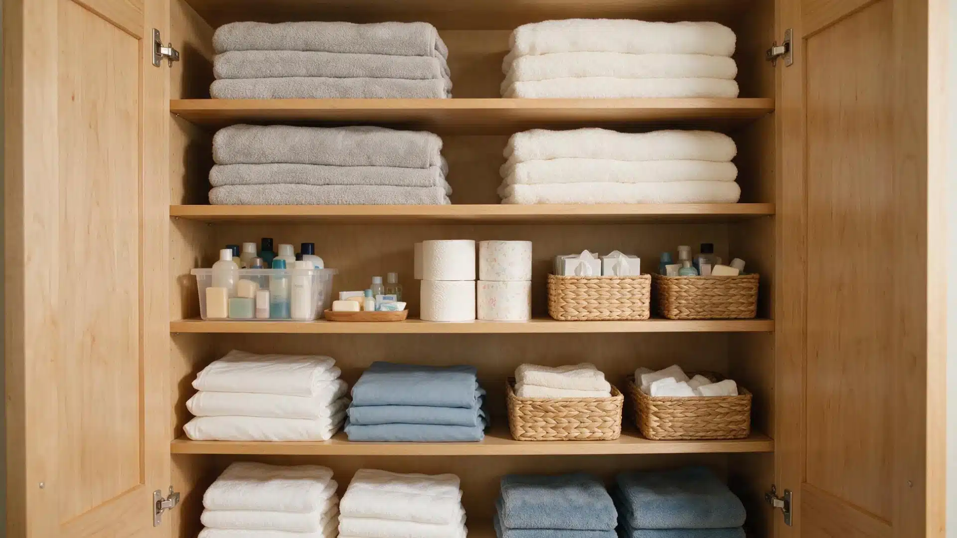 Dedicated linen closet shelf with backup soap shampoo toilet paper and other bathroom supplies.
