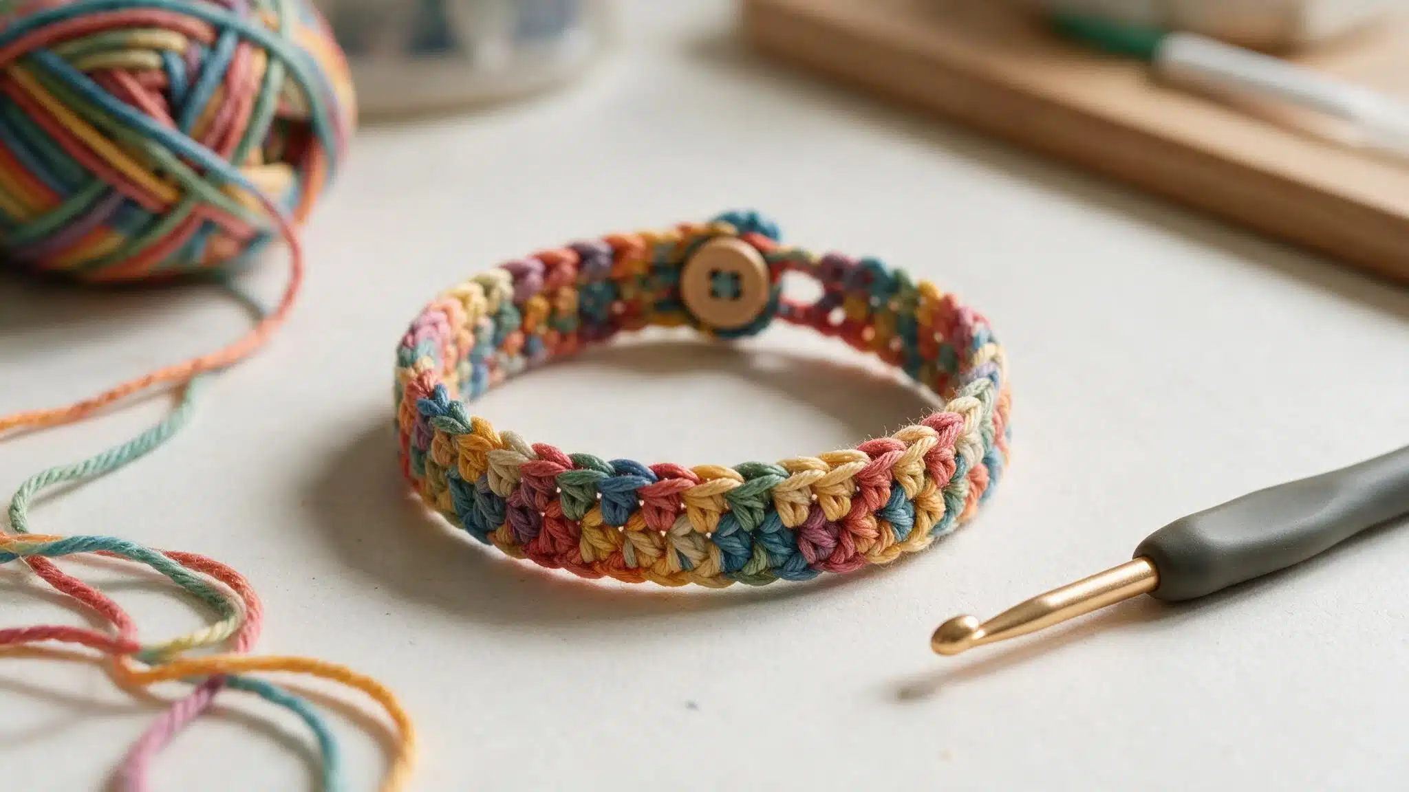 A crochet bracelet made of colorful yarn, accompanied by a crochet hook resting beside it.