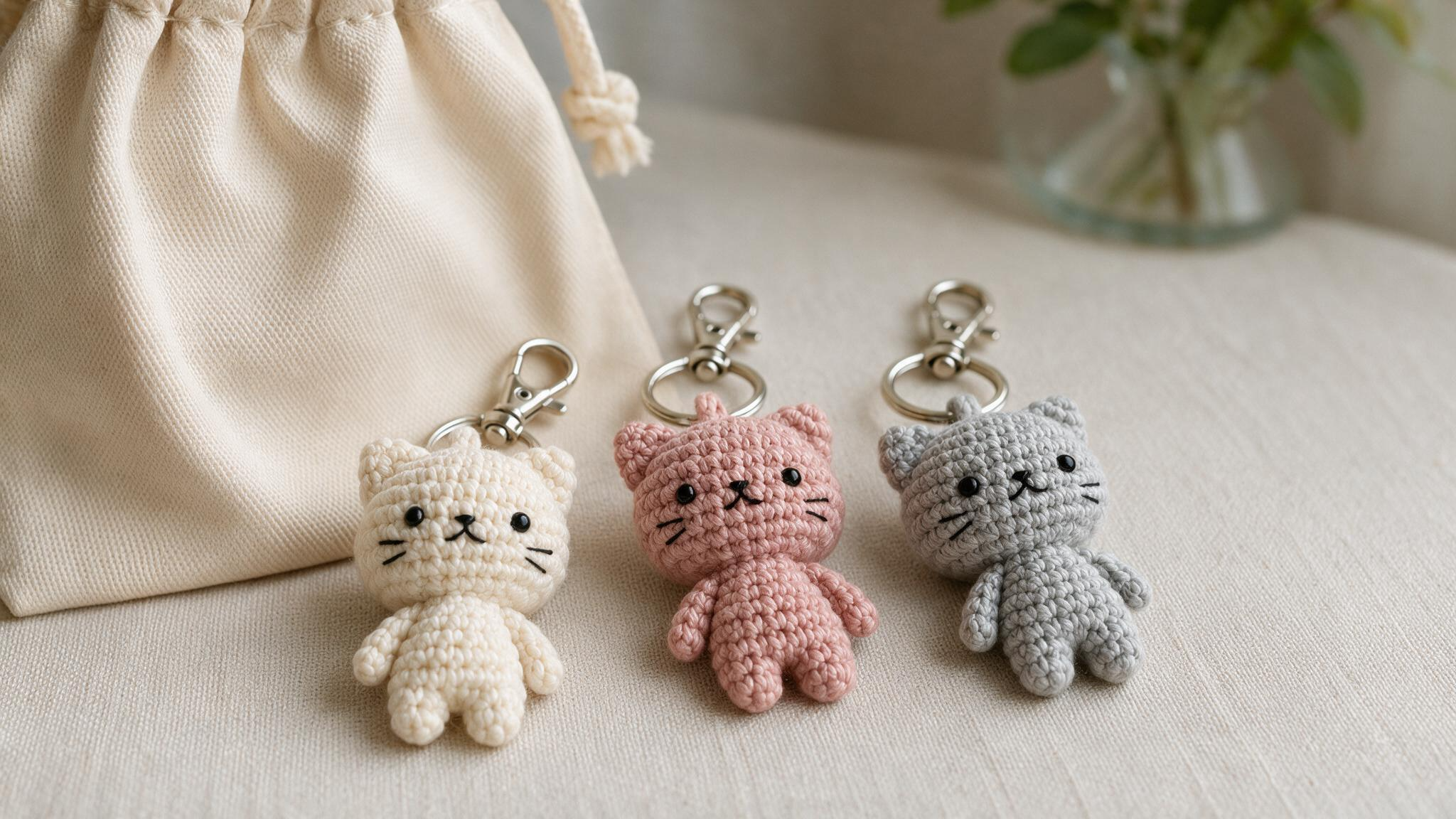 Three mini crochet cat keychains in cream pink and gray lying beside metal clasps on a neutral fabric surface.