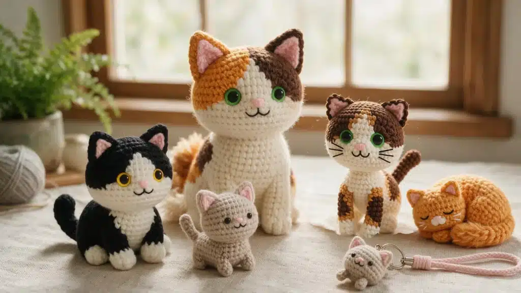 Collection of handmade crochet cats in different sizes colors and styles including calico tuxedo sleeping plush and keychain designs.