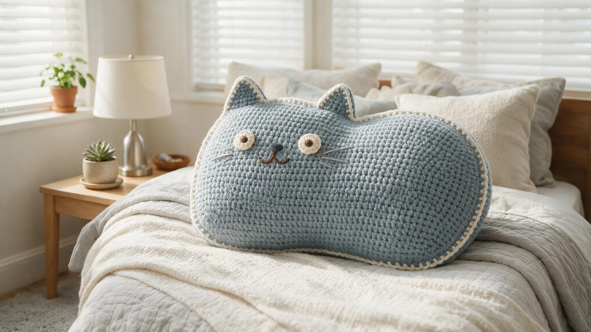 Large blue crochet cat pillow with pointed ears stitched face and cream edging resting on a neatly made bed.