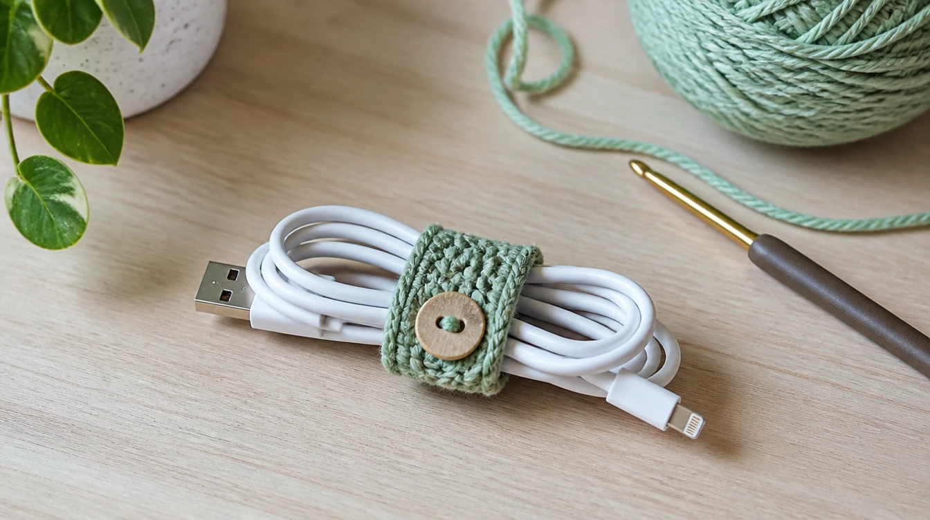 A crochet cable holder featuring a cord and a crochet hook, designed for organizing crochet tools efficiently.