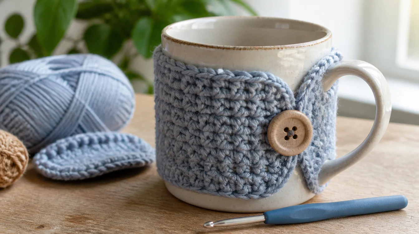 A ceramic mug wears a blue crocheted sleeve with a wooden button, beside yarn, a crocheted piece, and a crochet hook.