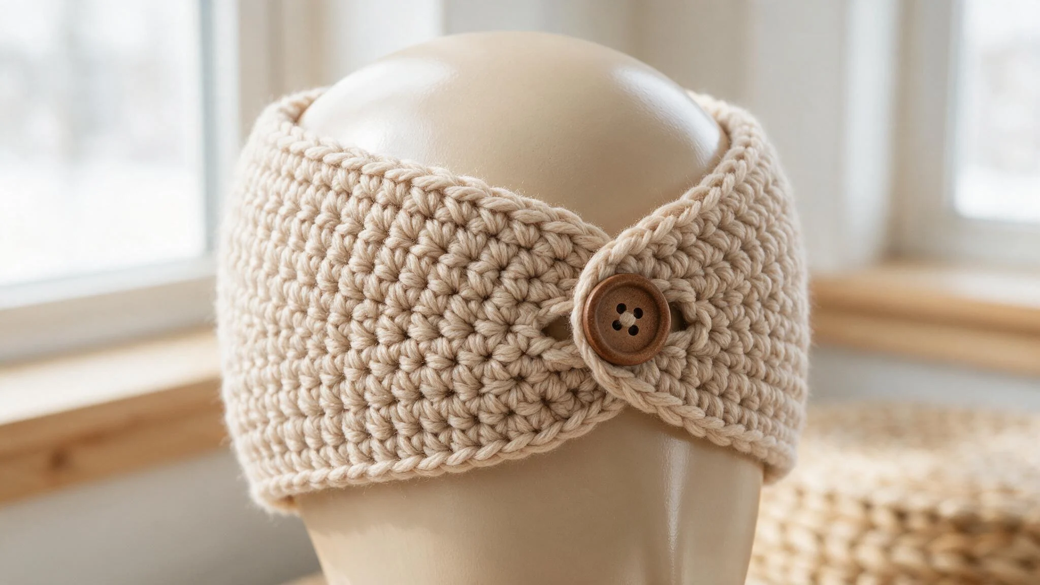 A knitted ear warmer featuring a decorative button, showcasing a cozy and stylish accessory for cold weather.