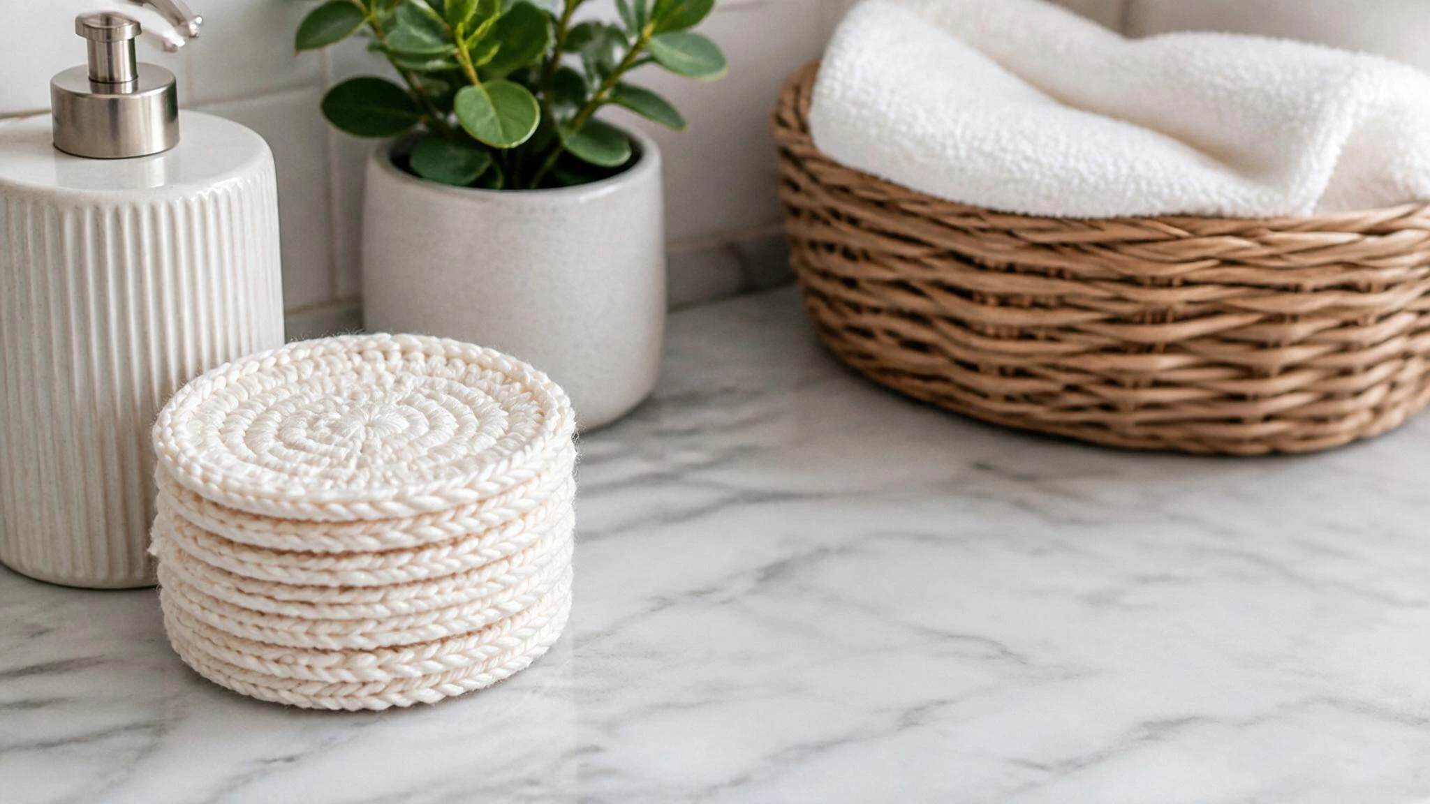 A white bathroom counter featuring a basket of neatly folded towels and a white soap dispenser.