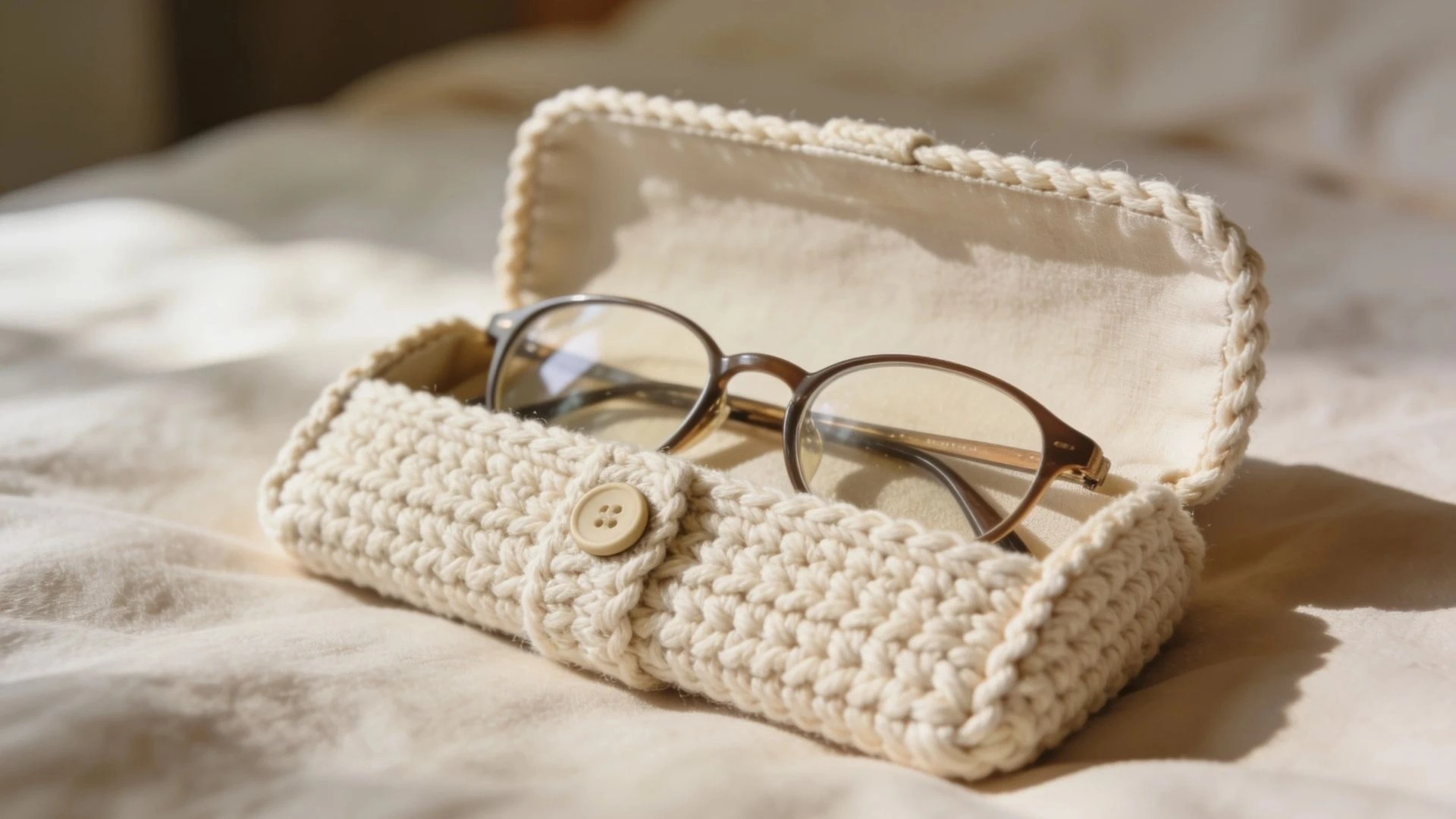 A pair of glasses resting inside a colorful crocheted case, showcasing intricate patterns and textures.