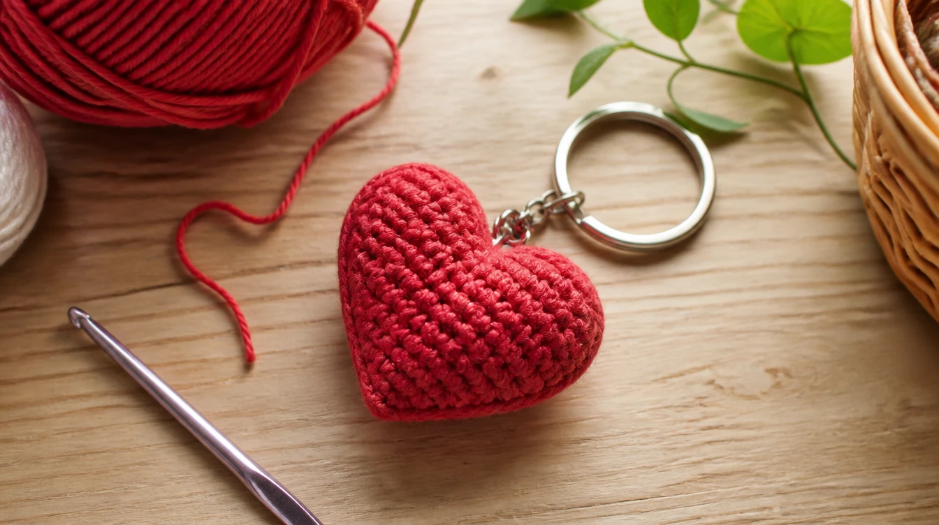 A red crocheted heart keychain lies on a wooden table beside a crochet hook, red yarn, green leaves, and a wicker basket.