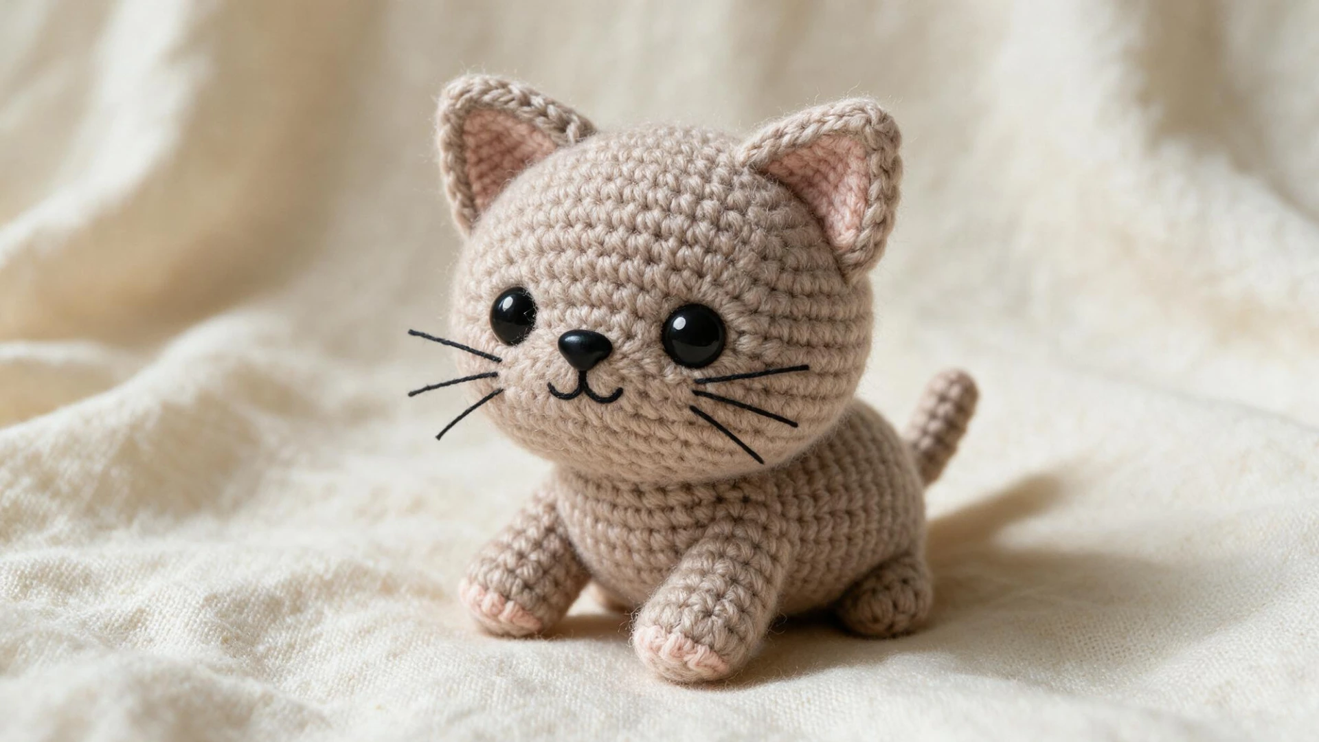 Small beige crochet kitten with oversized black eyes pink ears tiny paws stitched whiskers and an upright tail on soft cream fabric.