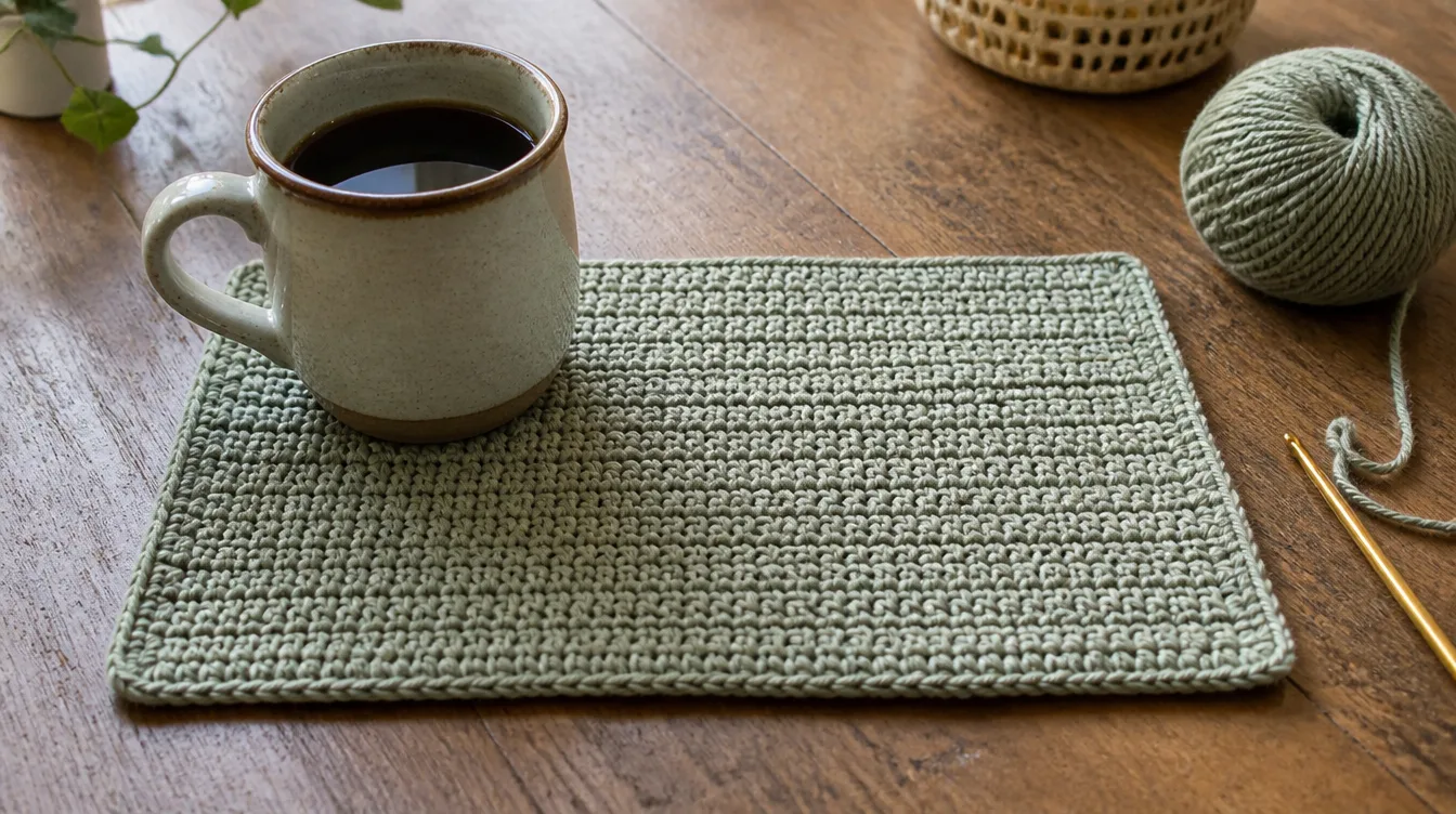 A green crocheted placemat featuring a cup of coffee and a ball of yarn placed on top.