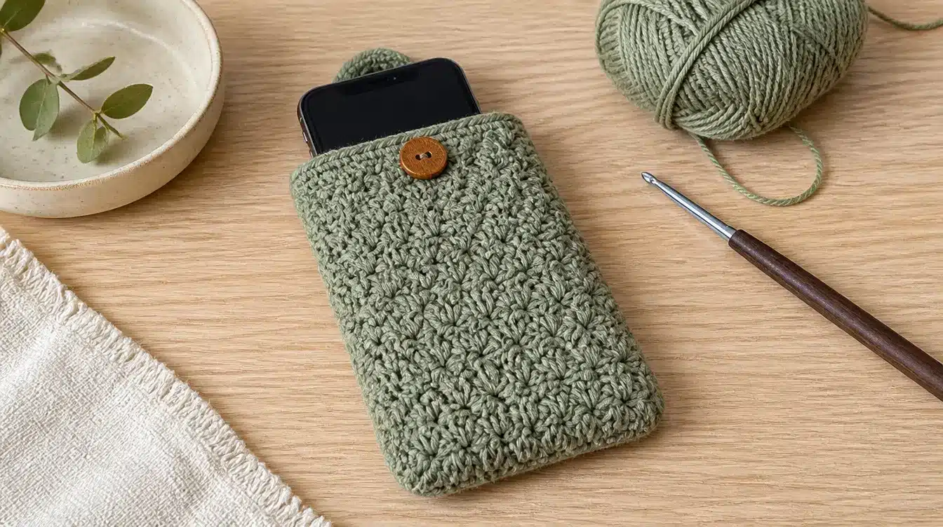 A green knitted phone case placed beside a knitting needle on a flat surface.