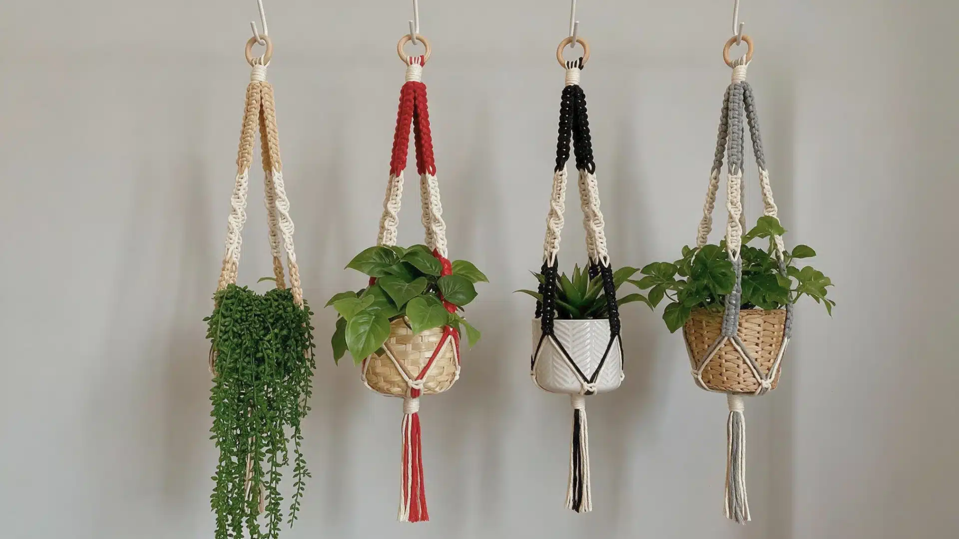 Four crochet plant hangers with wooden rings holding different green plants in cream black and woven pots against a plain wall.
