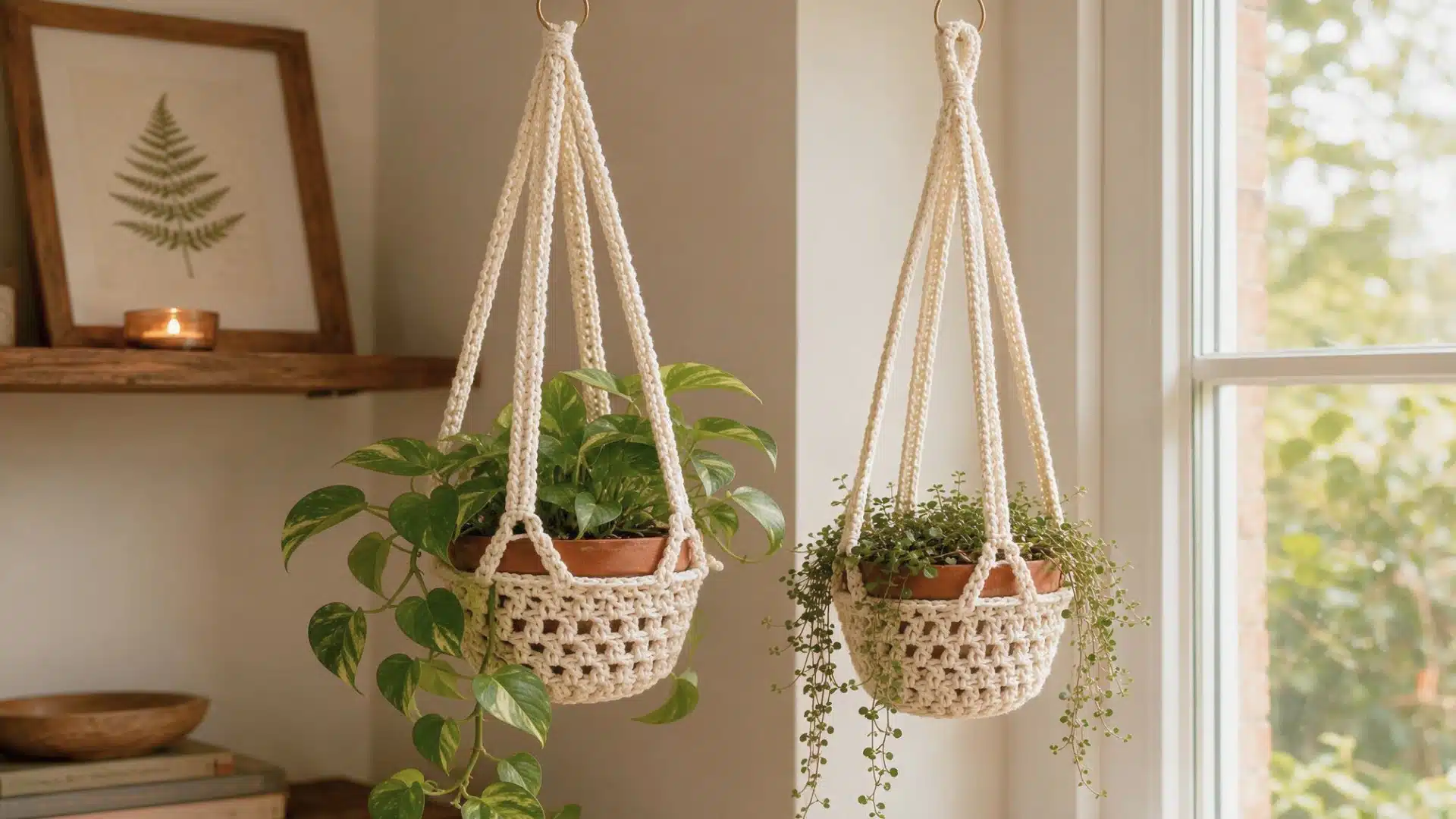 Two cream crochet plant hangers holding trailing green plants in terracotta pots beside a bright window.