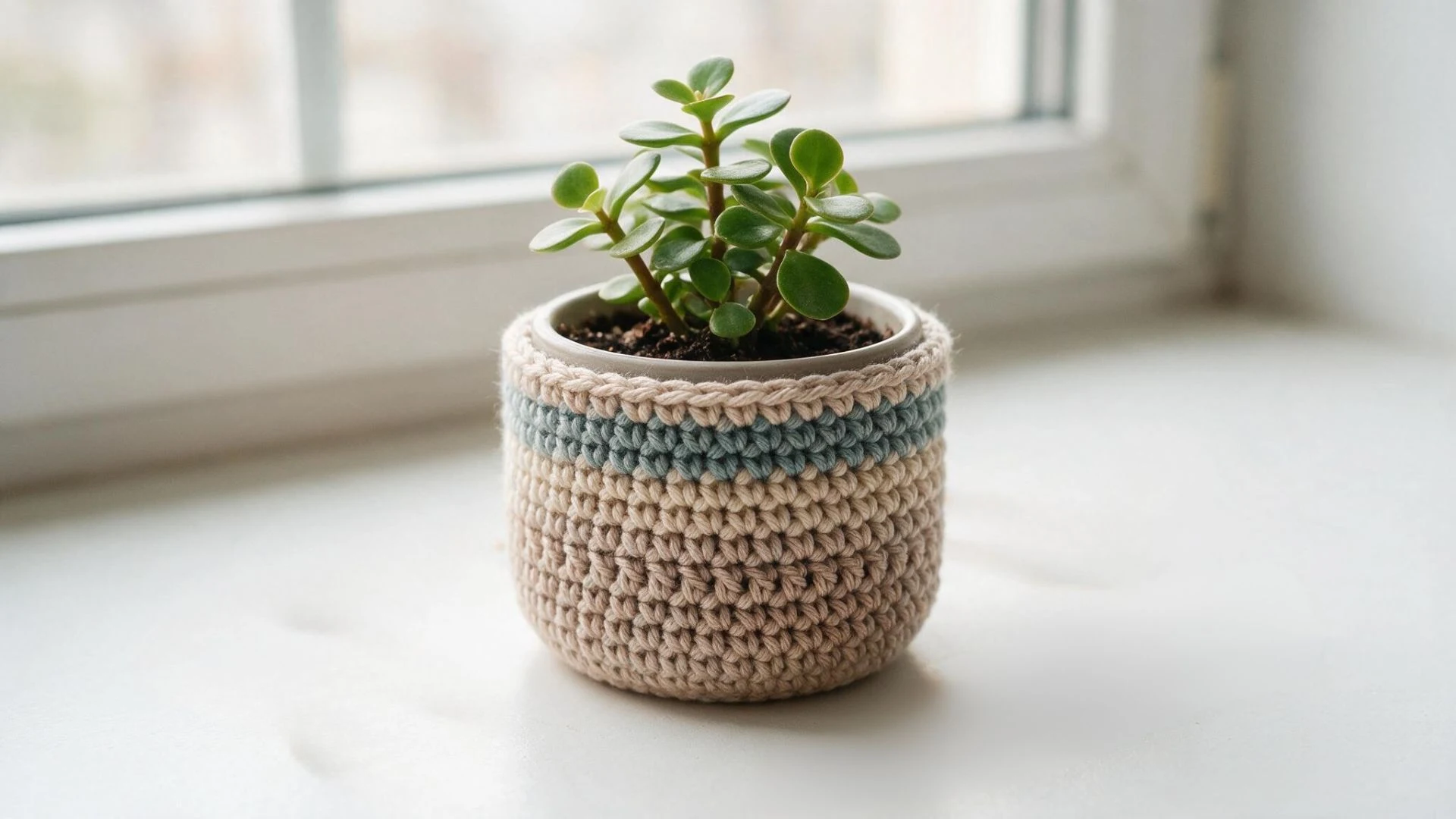 A crochet planter holding a vibrant green succulent, showcasing intricate stitching and a natural aesthetic.