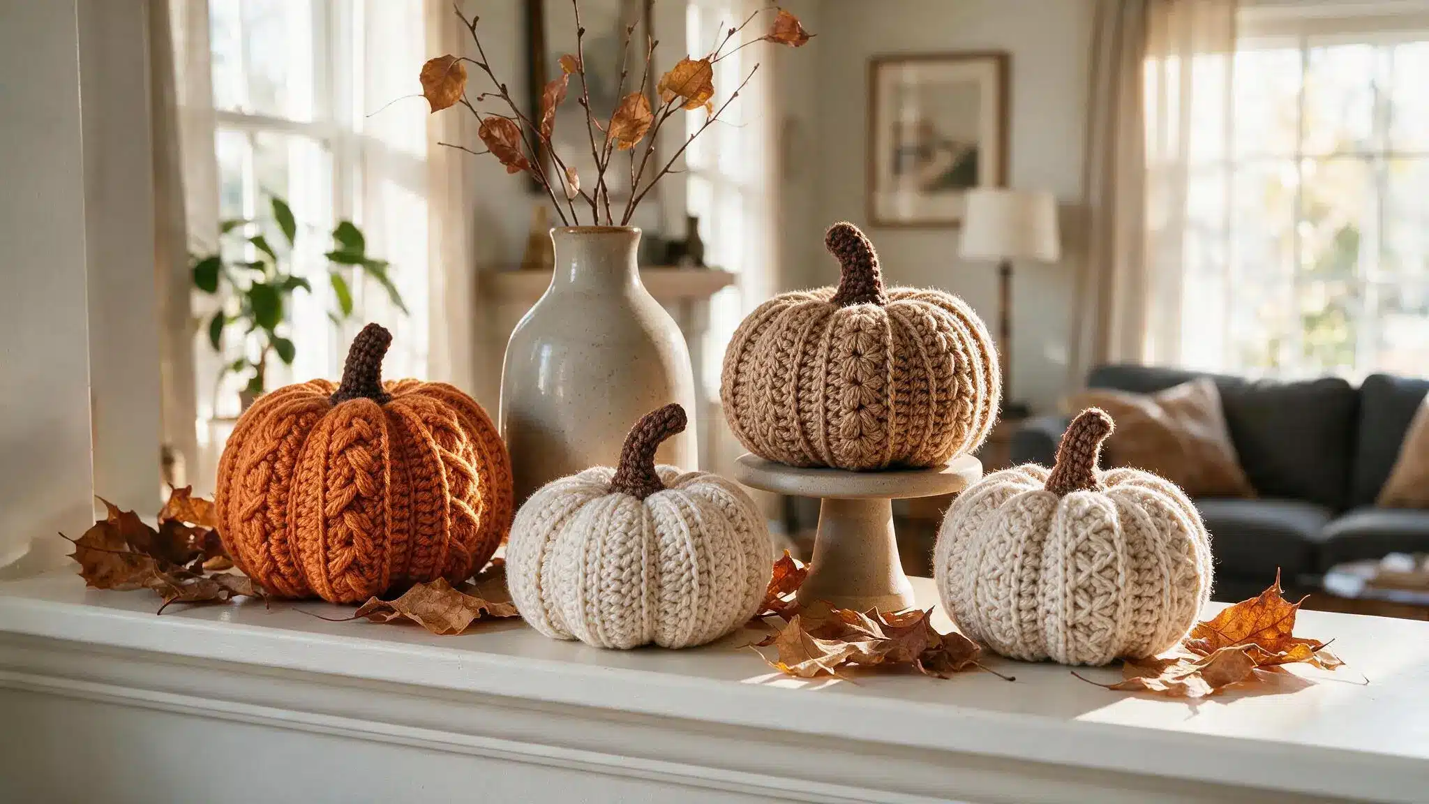 Four crocheted pumpkins in orange, tan, and cream sit on a windowsill with fallen leaves, beside a vase of dried branches.