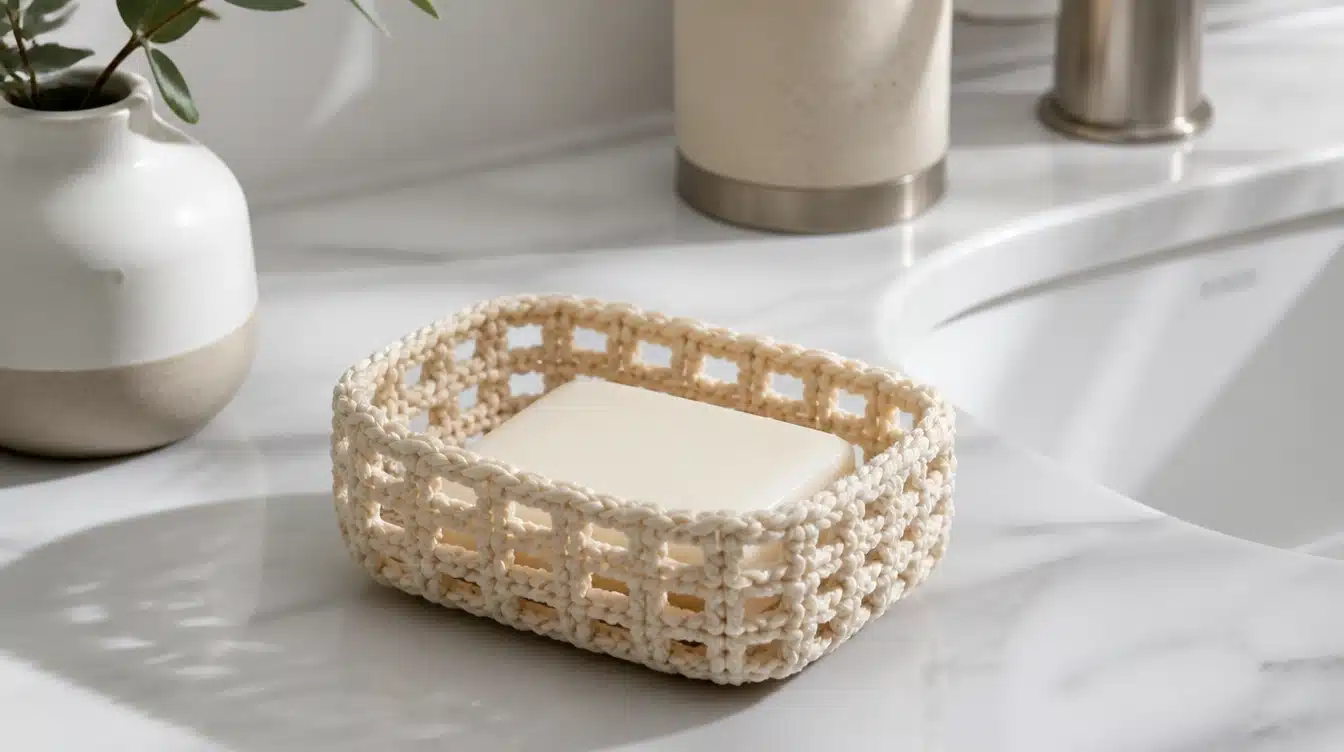 A woven basket containing various bars of soap placed on a countertop.