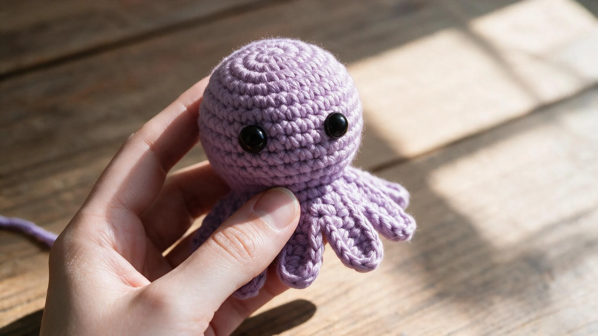 Hands crocheting a lavender octopus tentacle with a metal hook while holding the finished rounded body in place