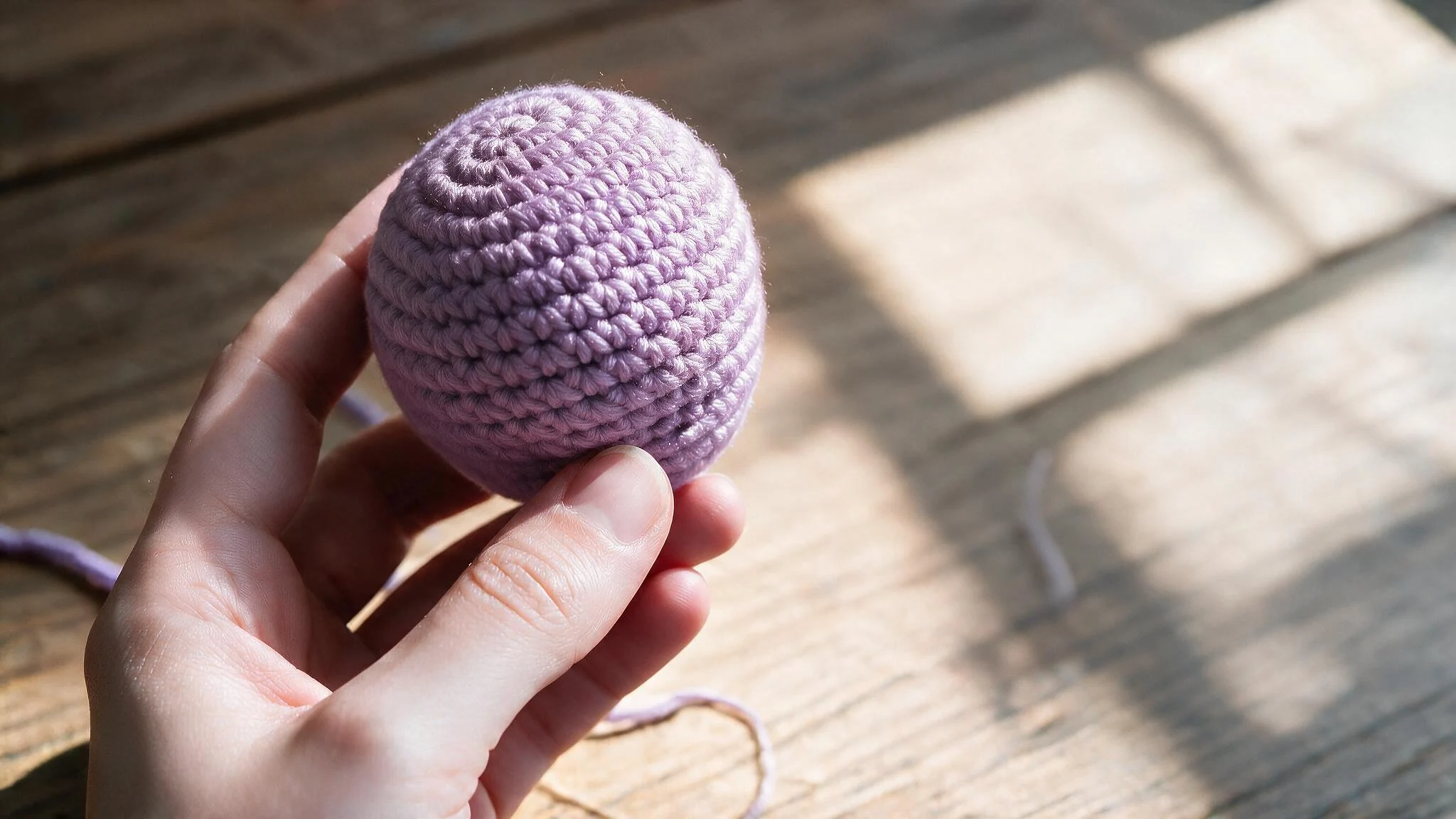 Hands crocheting a lavender octopus head with a metal hook and matching yarn on a warm sunlit wooden craft table