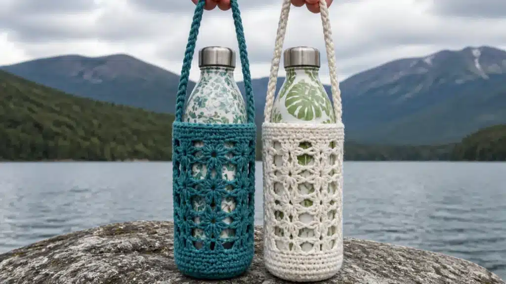 Two floral crochet water bottle holders displayed by a mountain lake with blue and white yarn designs.