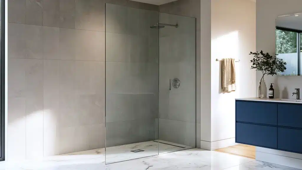 Modern bathroom with a glass-enclosed walk-in shower, marble-effect tiles and floor, blue vanity, wall towel, and window.