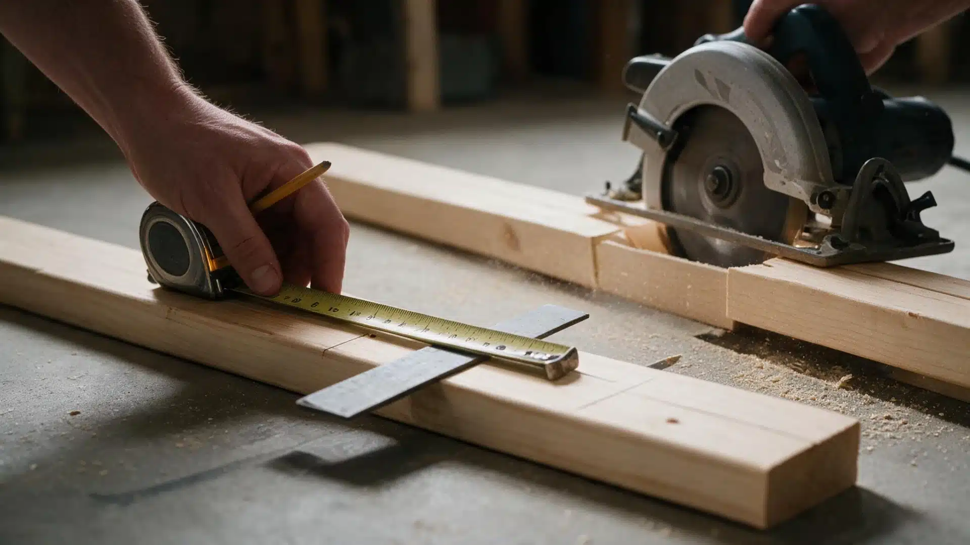 Hands measuring and cutting wooden boards with a tape measure square pencil and circular saw in a workshop.
