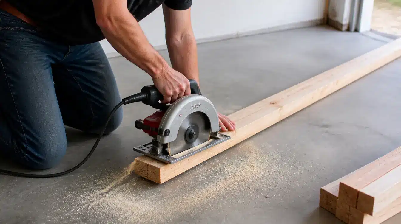 Cut 2x4 lumber pieces to the required lengths for building sturdy garage shelves