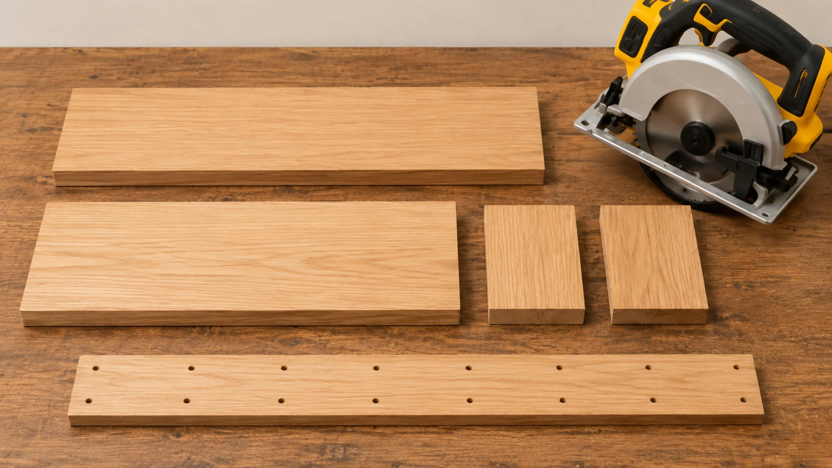 Cut wooden boards arranged on a workbench with a circular saw ready for floating shelf construction.