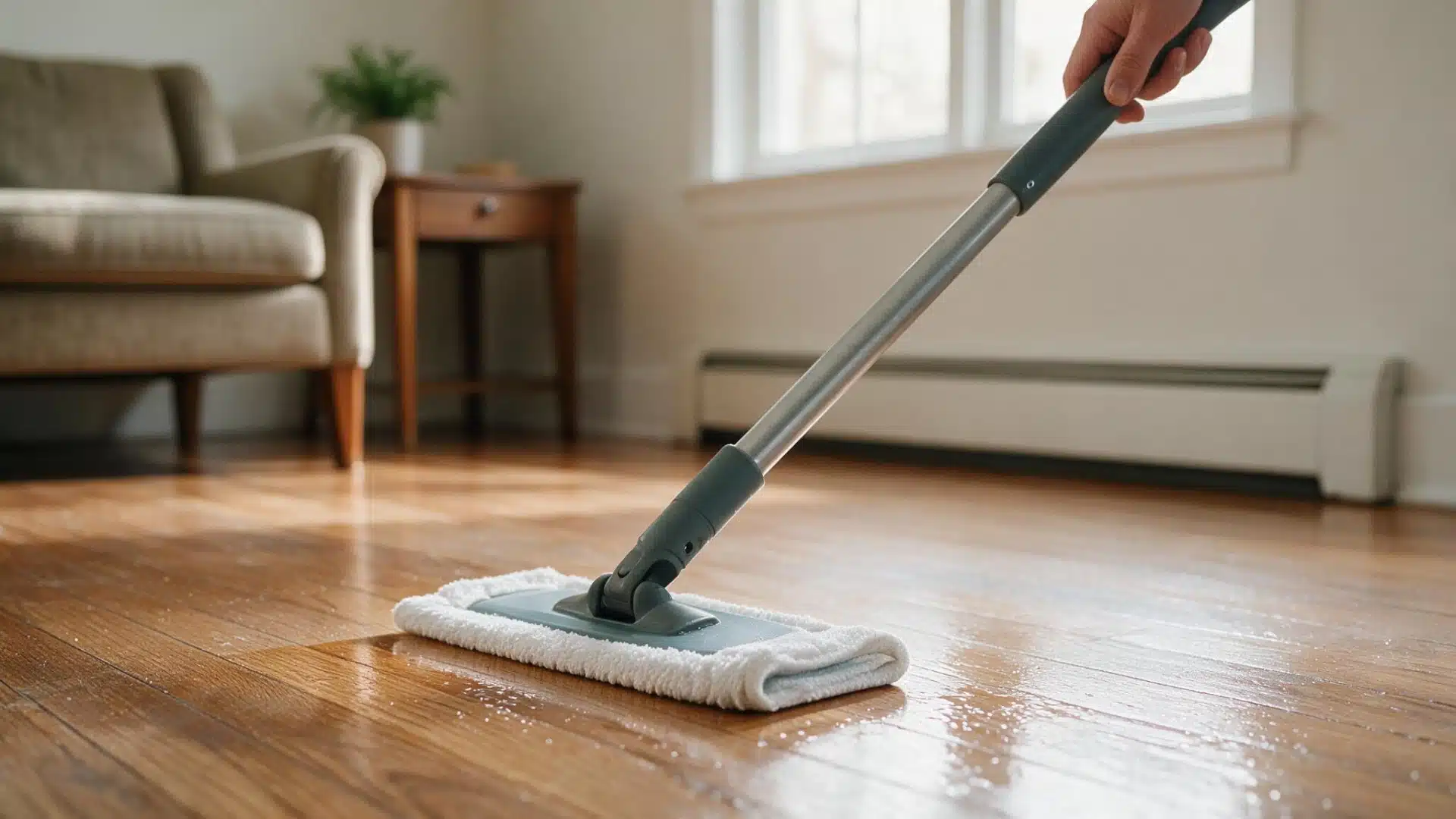Person damp mopping a hardwood floor with a microfiber mop in a bright living room