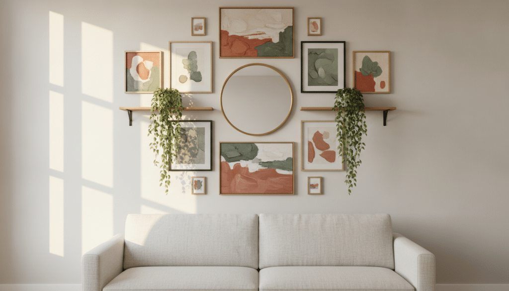 Artistic gallery wall with framed abstract paintings and plants above beige sofa in bright living room