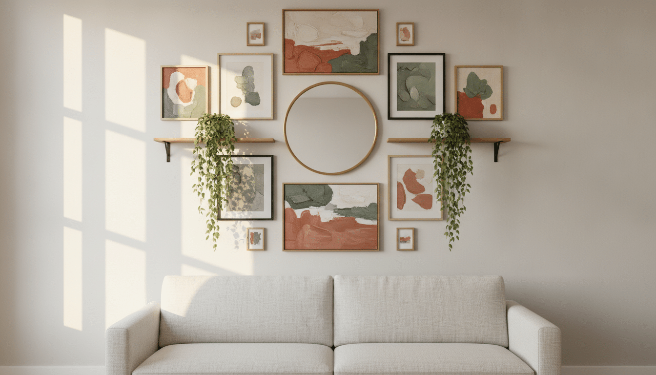 Artistic gallery wall with framed abstract paintings and plants above beige sofa in bright living room