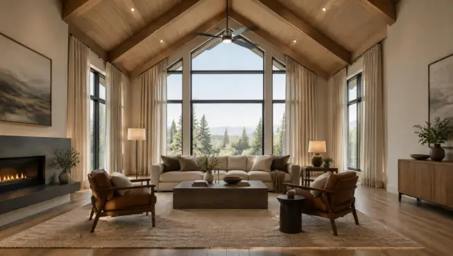 Spacious living room with vaulted ceilings, large windows, wooden beams, and modern furniture