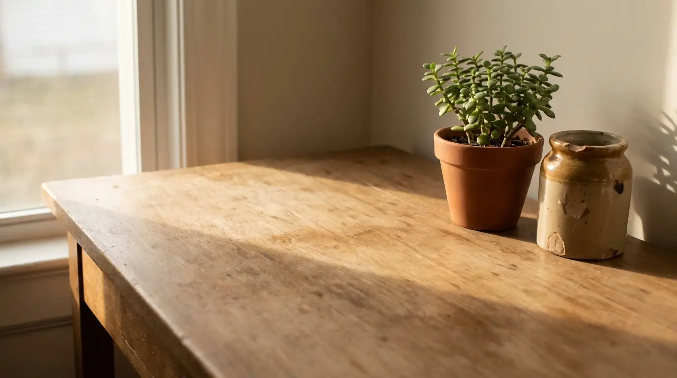 Potted succulent and ceramic jar on sunlit wooden table by window