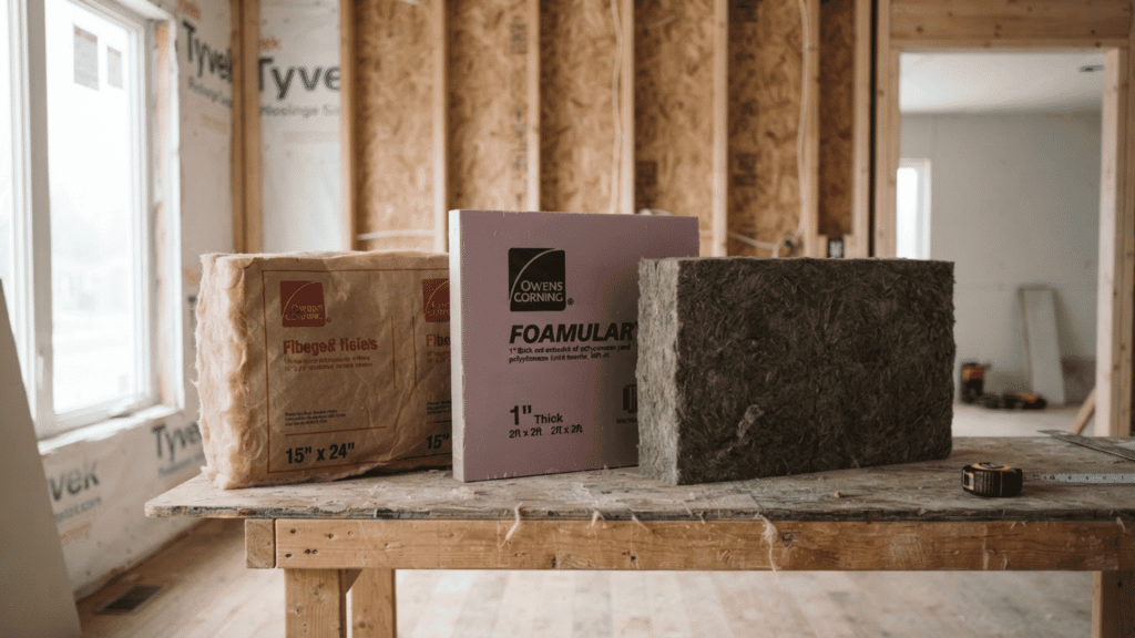Different home insulation materials displayed for comparing thermal performance and uses