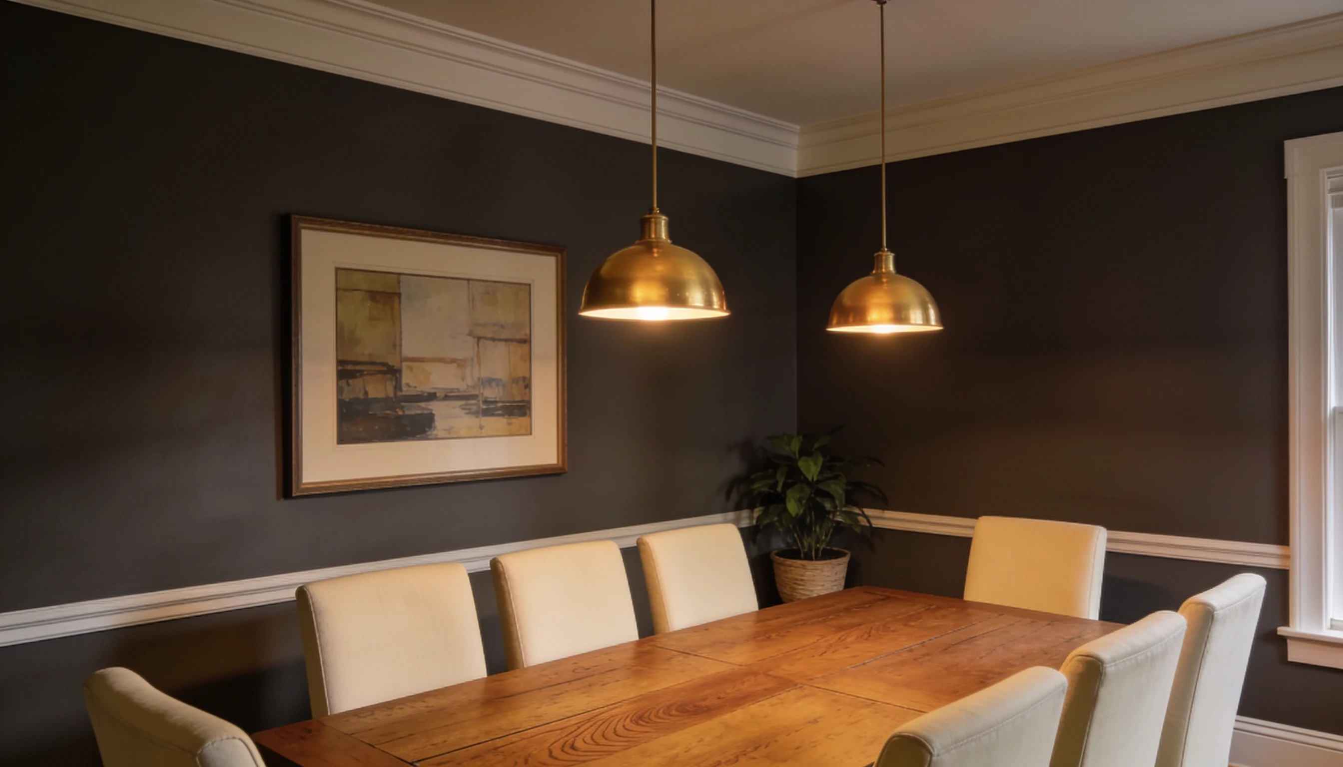 A dining room featuring a wooden table surrounded by four chairs, with soft lighting and decorative elements.