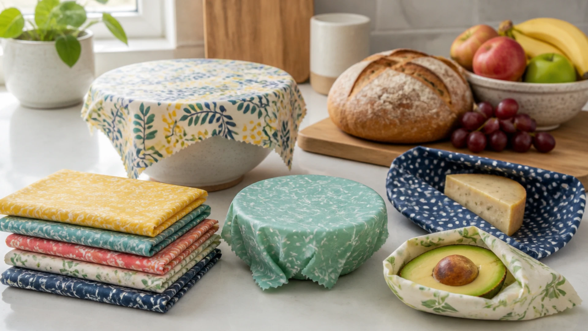 Reusable beeswax food wraps in colorful patterns covering bowls and wrapping cheese and avocado on a kitchen counter